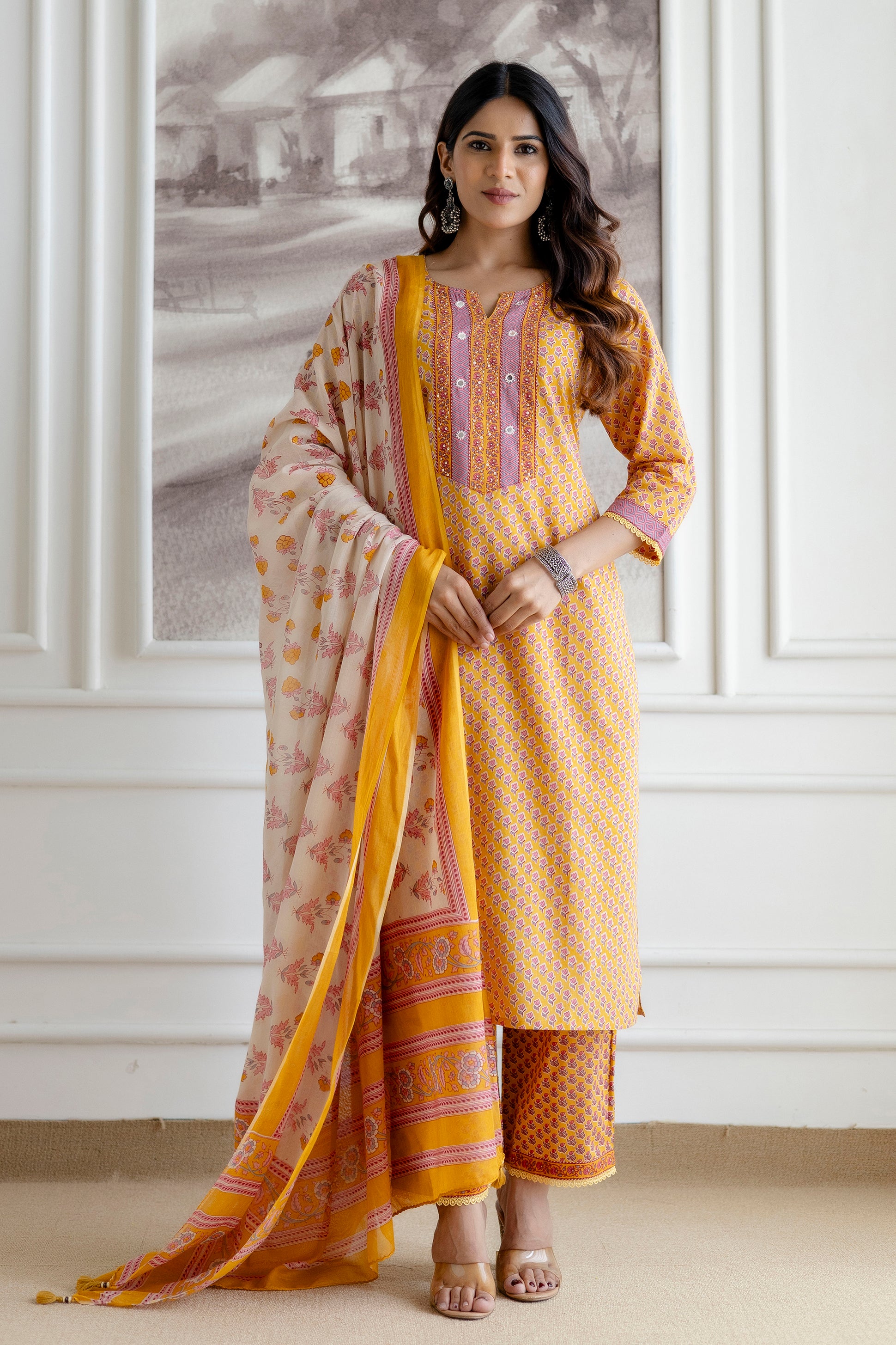Mustard Cotton Kurta Set with Printed mulmul Dupatta