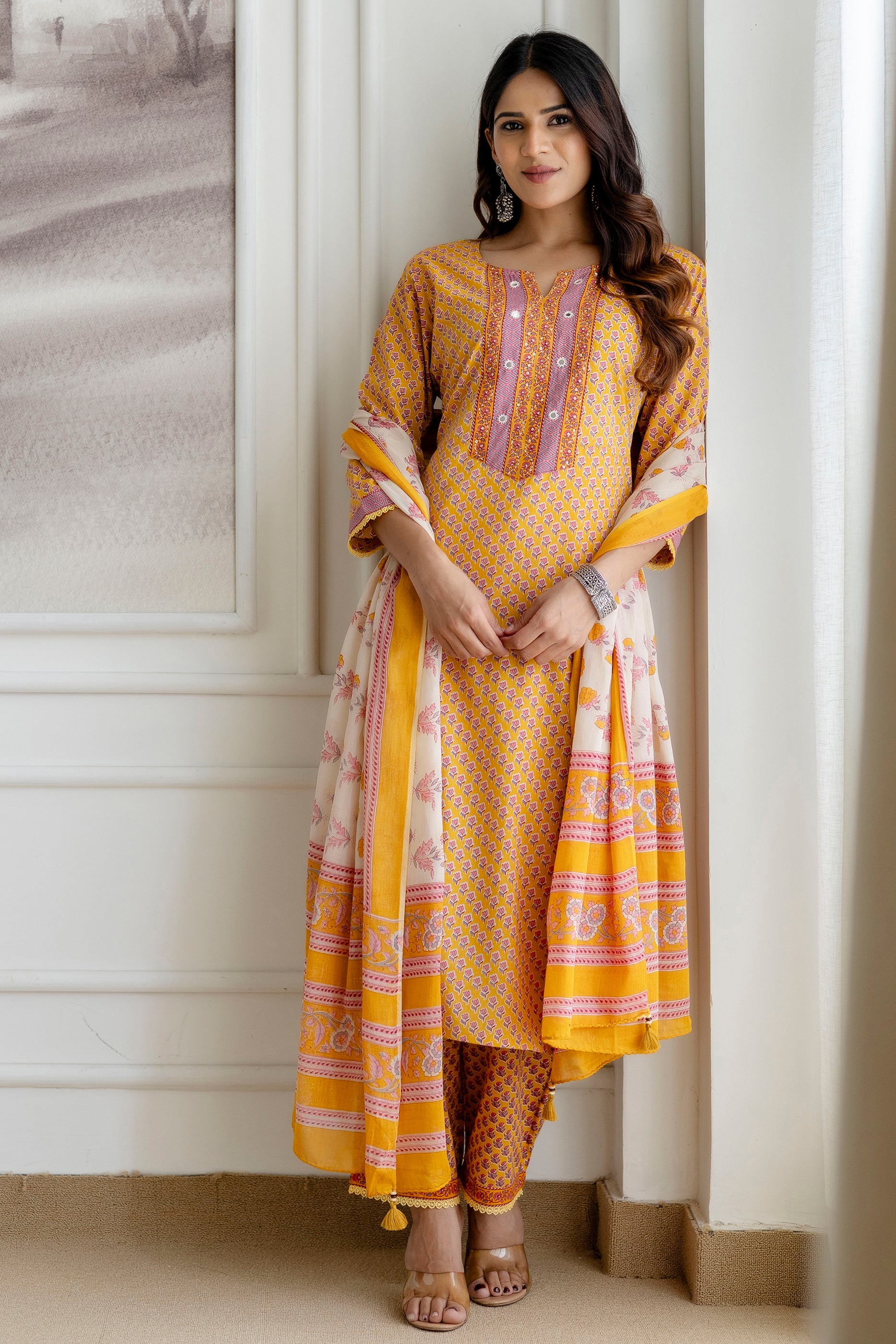 Mustard Cotton Kurta Set with Printed mulmul Dupatta