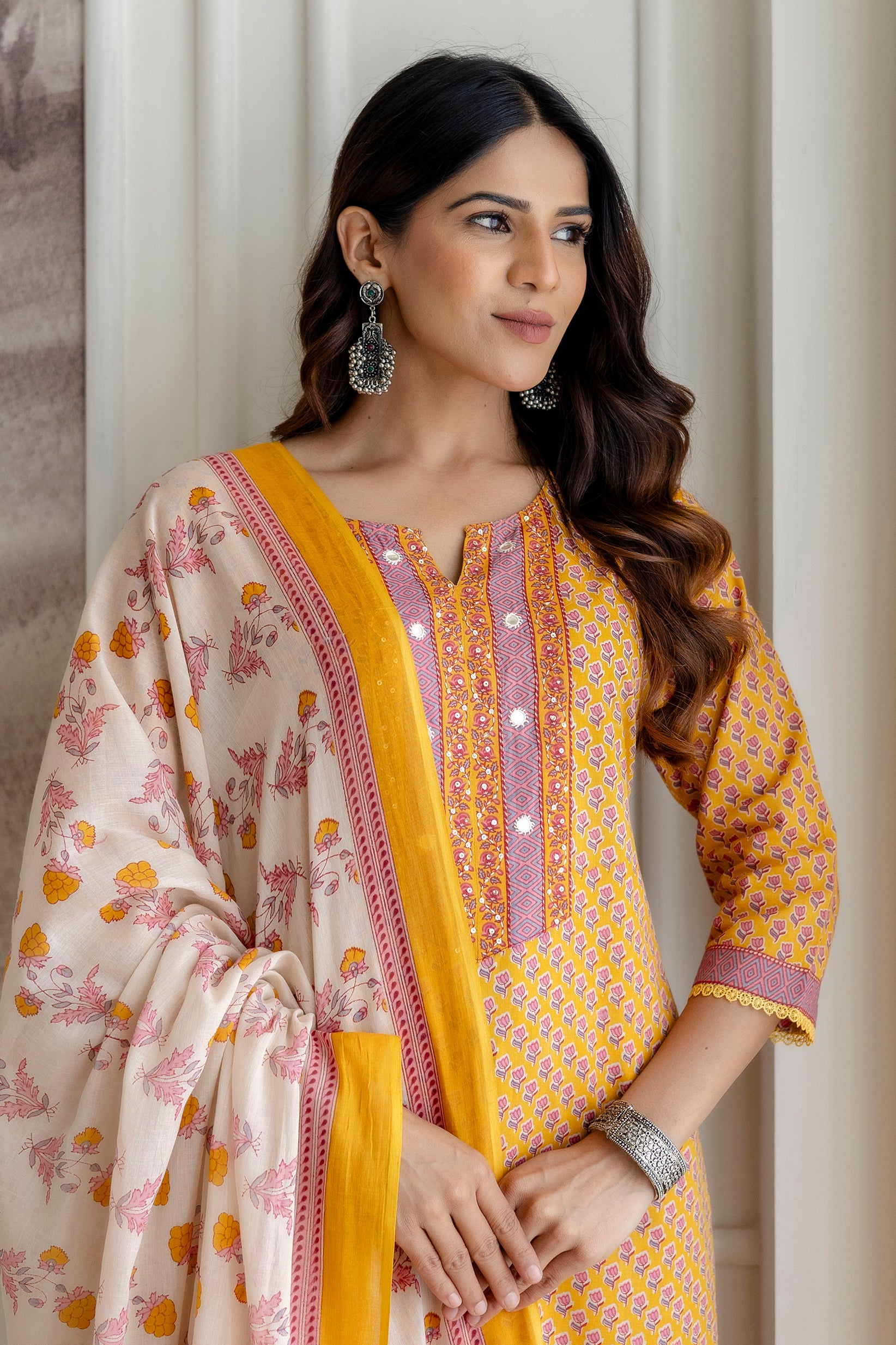 Mustard Cotton Kurta Set with Printed mulmul Dupatta