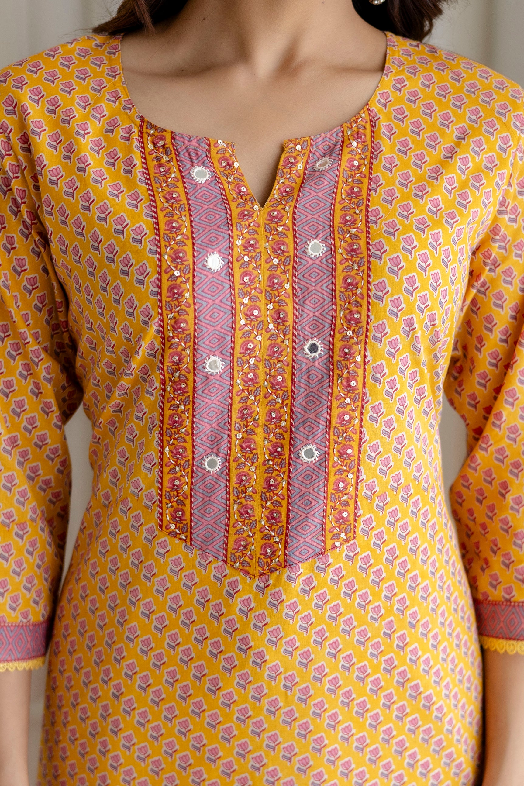 Mustard Cotton Kurta Set with Printed mulmul Dupatta