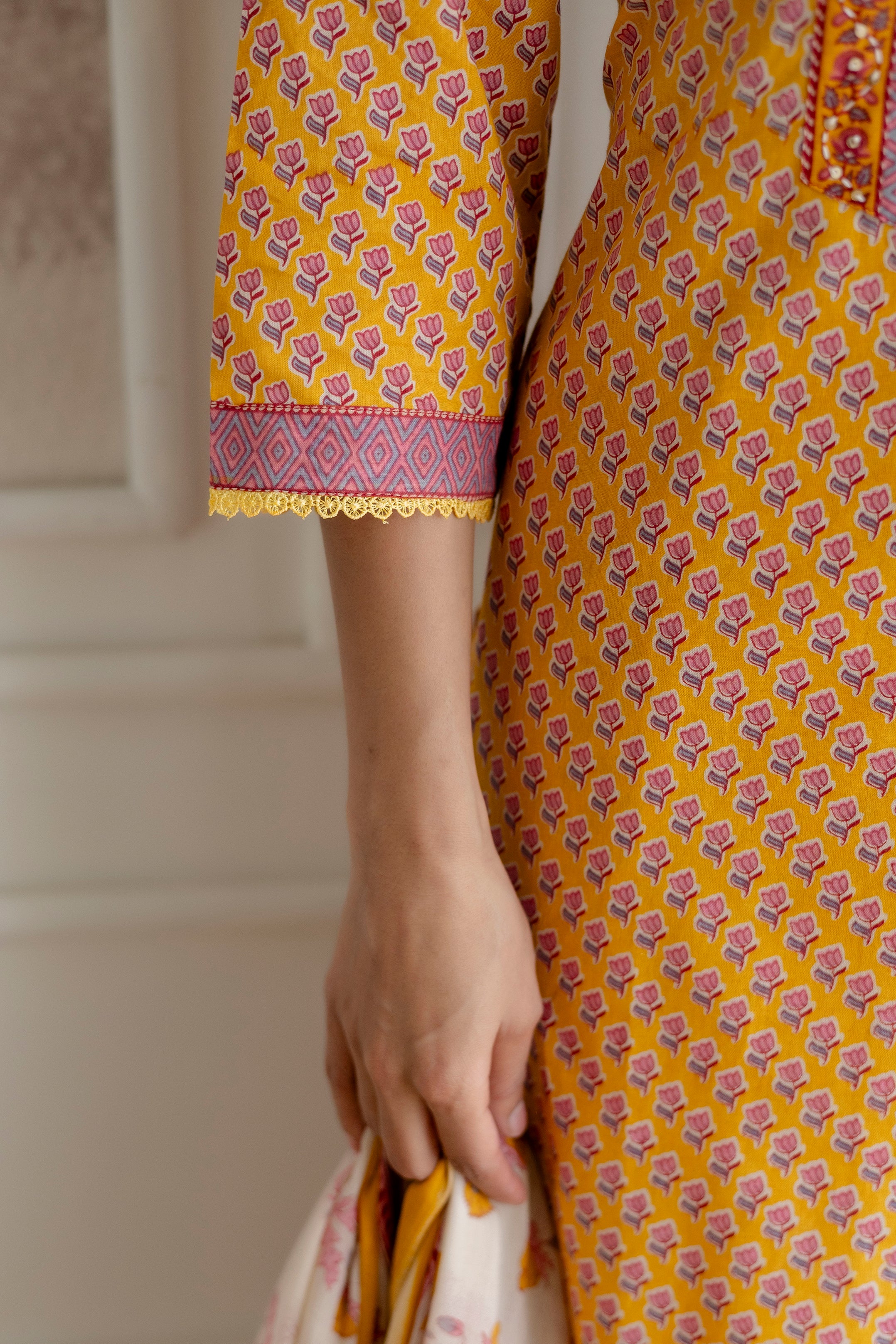 Mustard Cotton Kurta Set with Printed mulmul Dupatta
