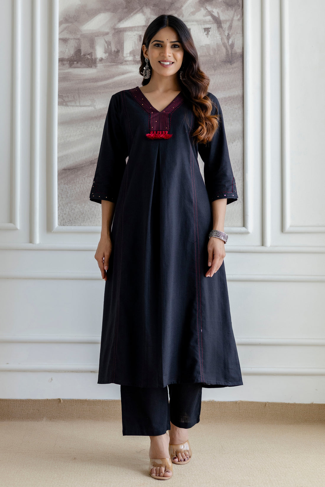 Black Cotton Slub Kurta Set with Red Ombre Dupatta