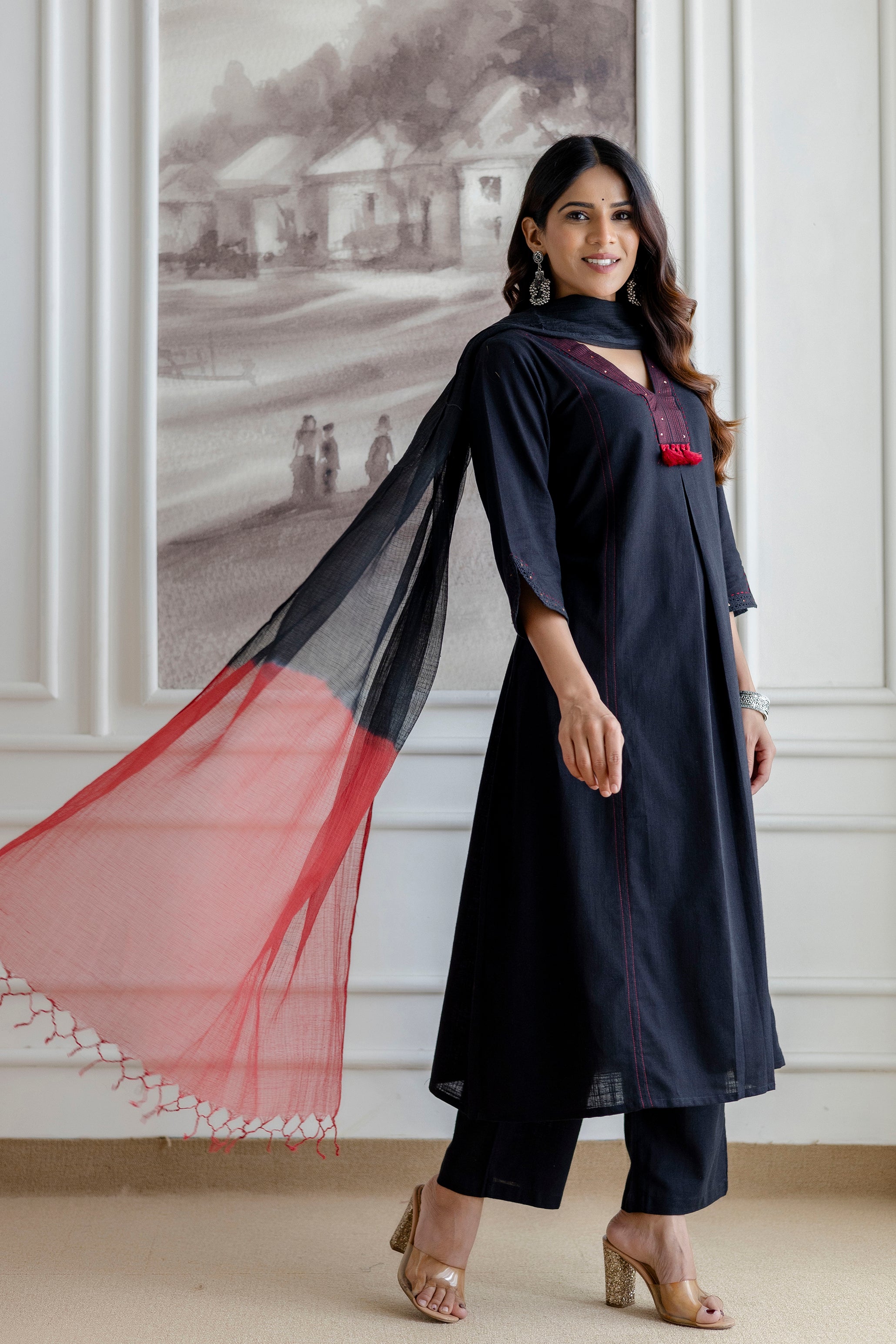 Black Cotton Slub Kurta Set with Red Ombre Dupatta