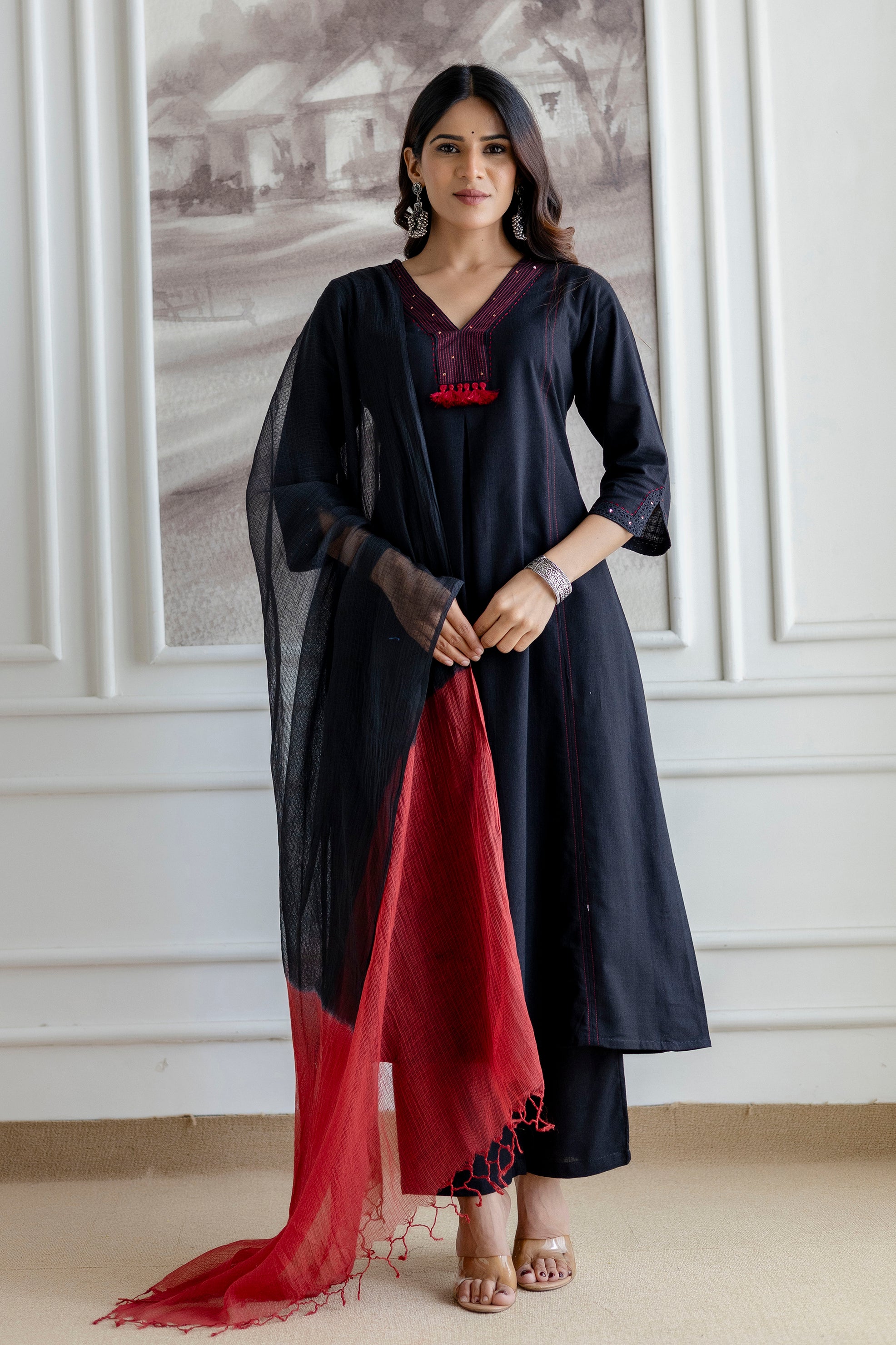 Black Cotton Slub Kurta Set with Red Ombre Dupatta