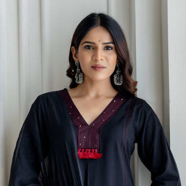 Black Cotton Slub Kurta Set with Red Ombre Dupatta