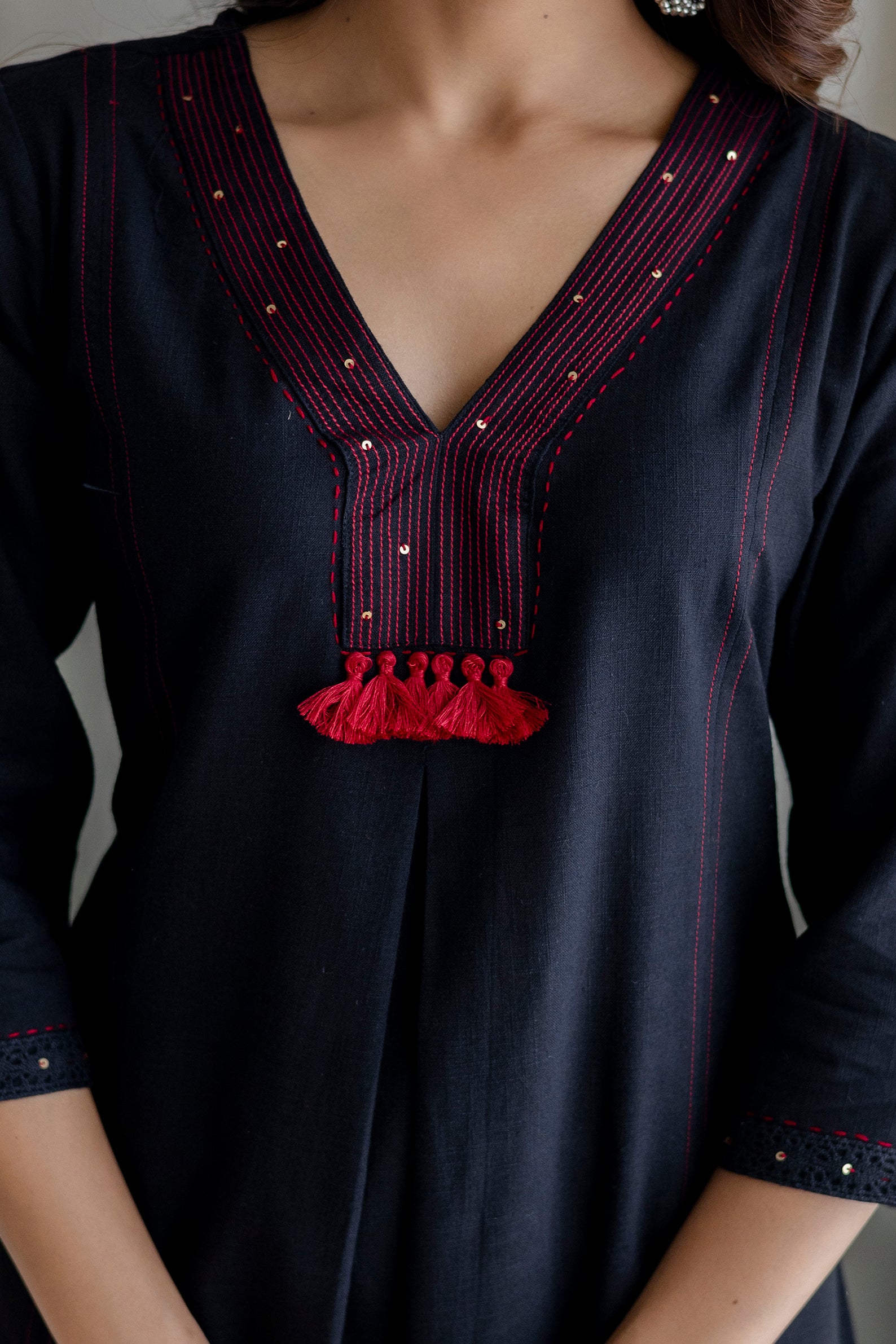 Black Cotton Slub Kurta Set with Red Ombre Dupatta