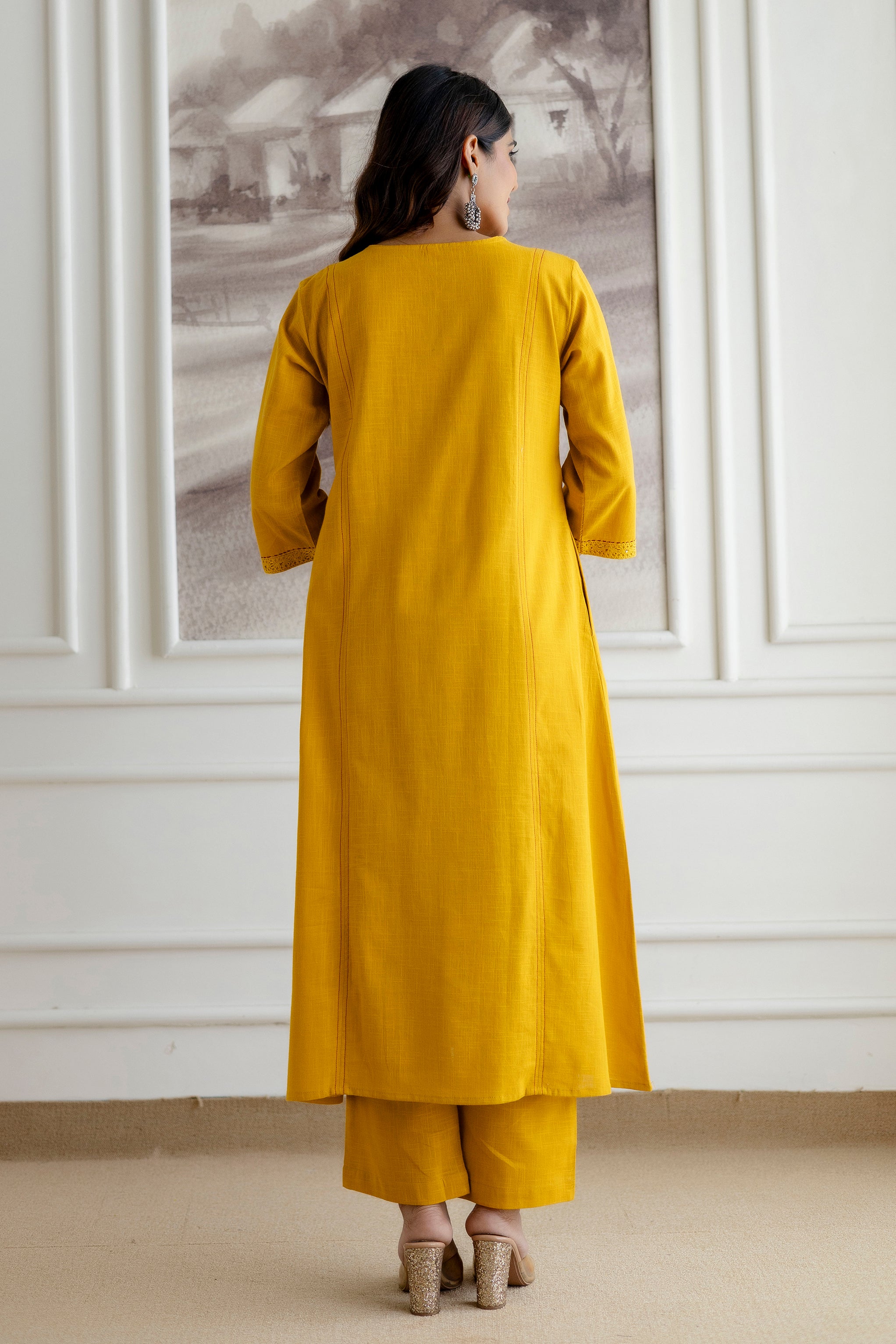 Mustard Cotton Slub Kurta Set with Red Ombre Dupatta