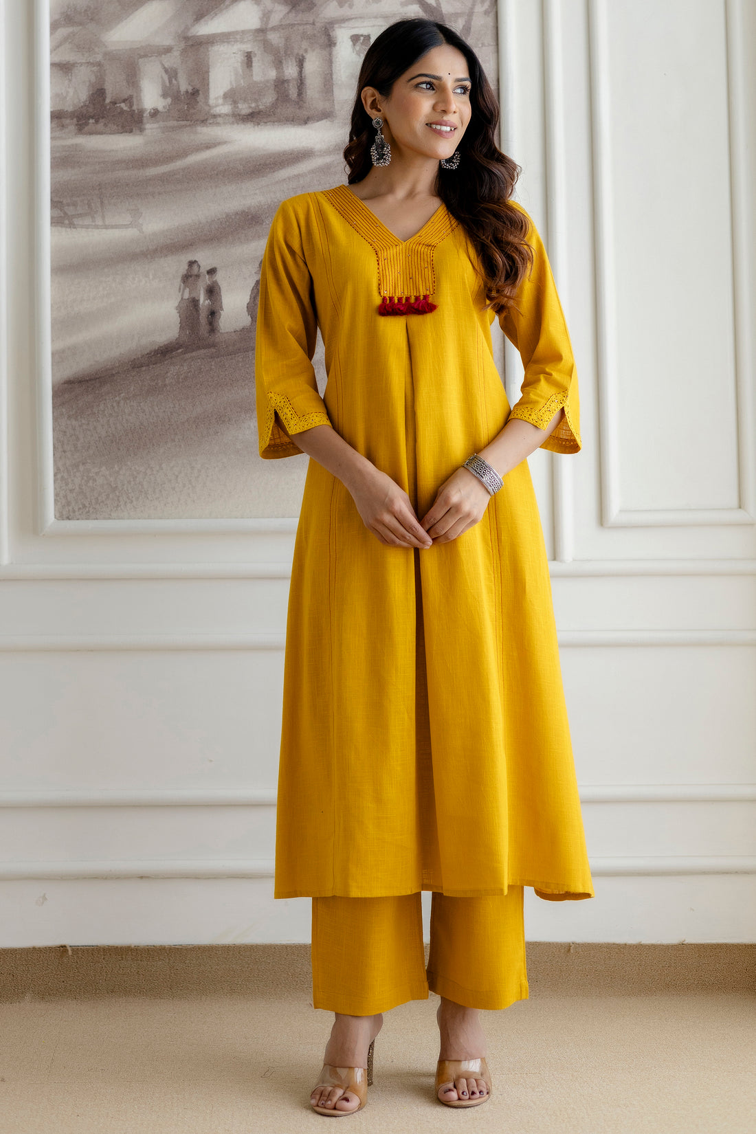 Mustard Cotton Slub Kurta Set with Red Ombre Dupatta
