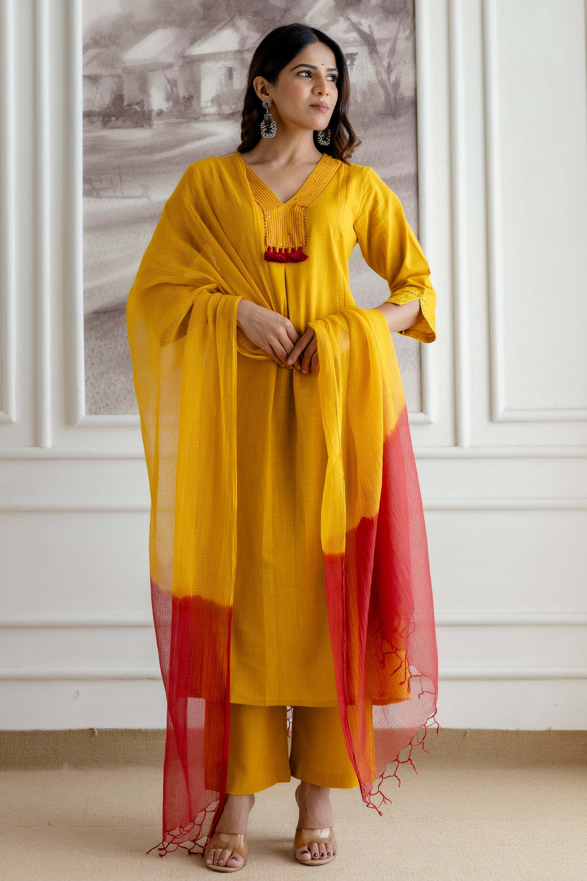 Mustard Cotton Slub Kurta Set with Red Ombre Dupatta