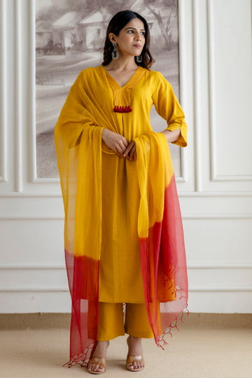 Mustard Cotton Slub Kurta Set with Red Ombre Dupatta
