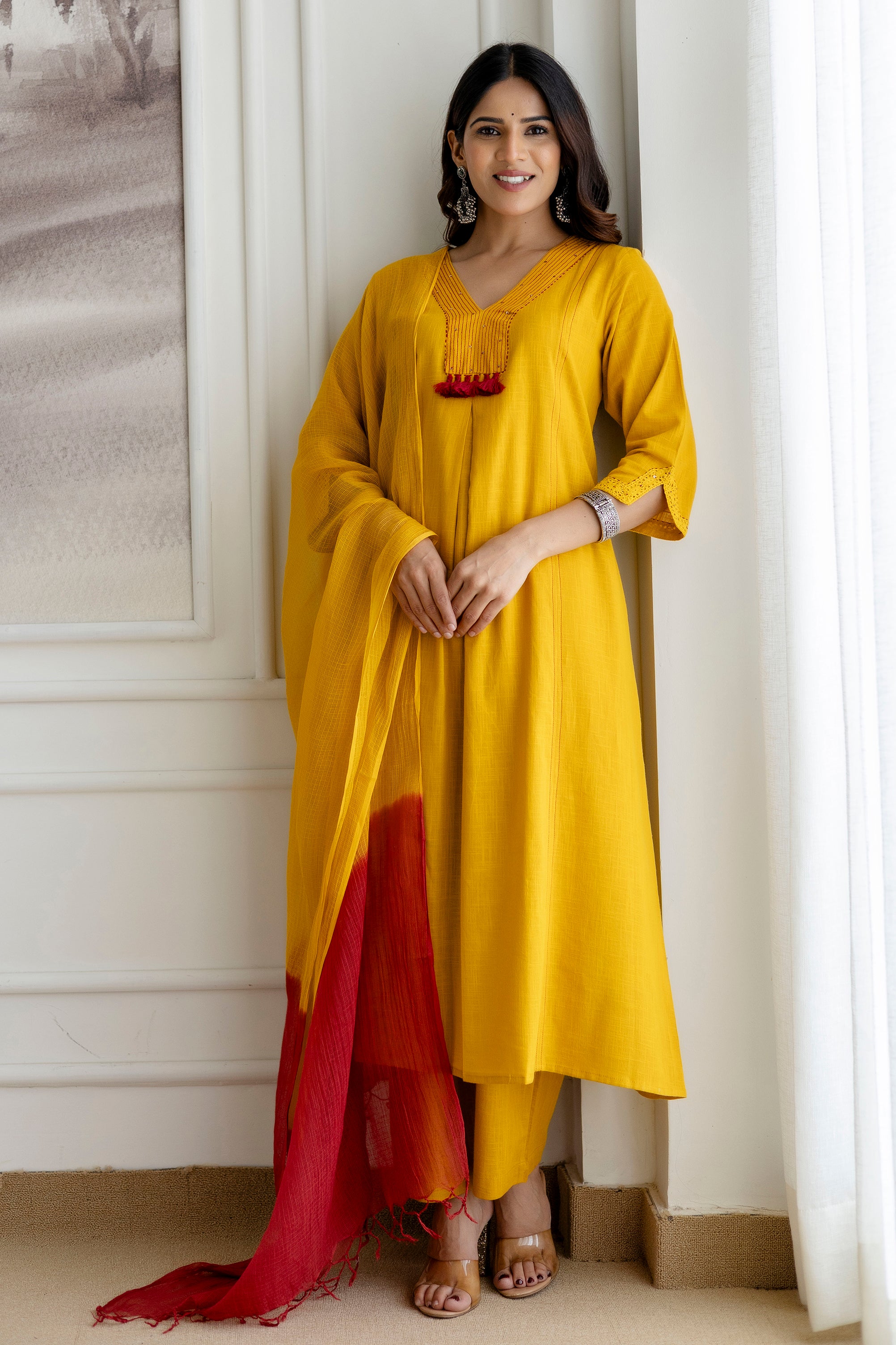Mustard Cotton Slub Kurta Set with Red Ombre Dupatta