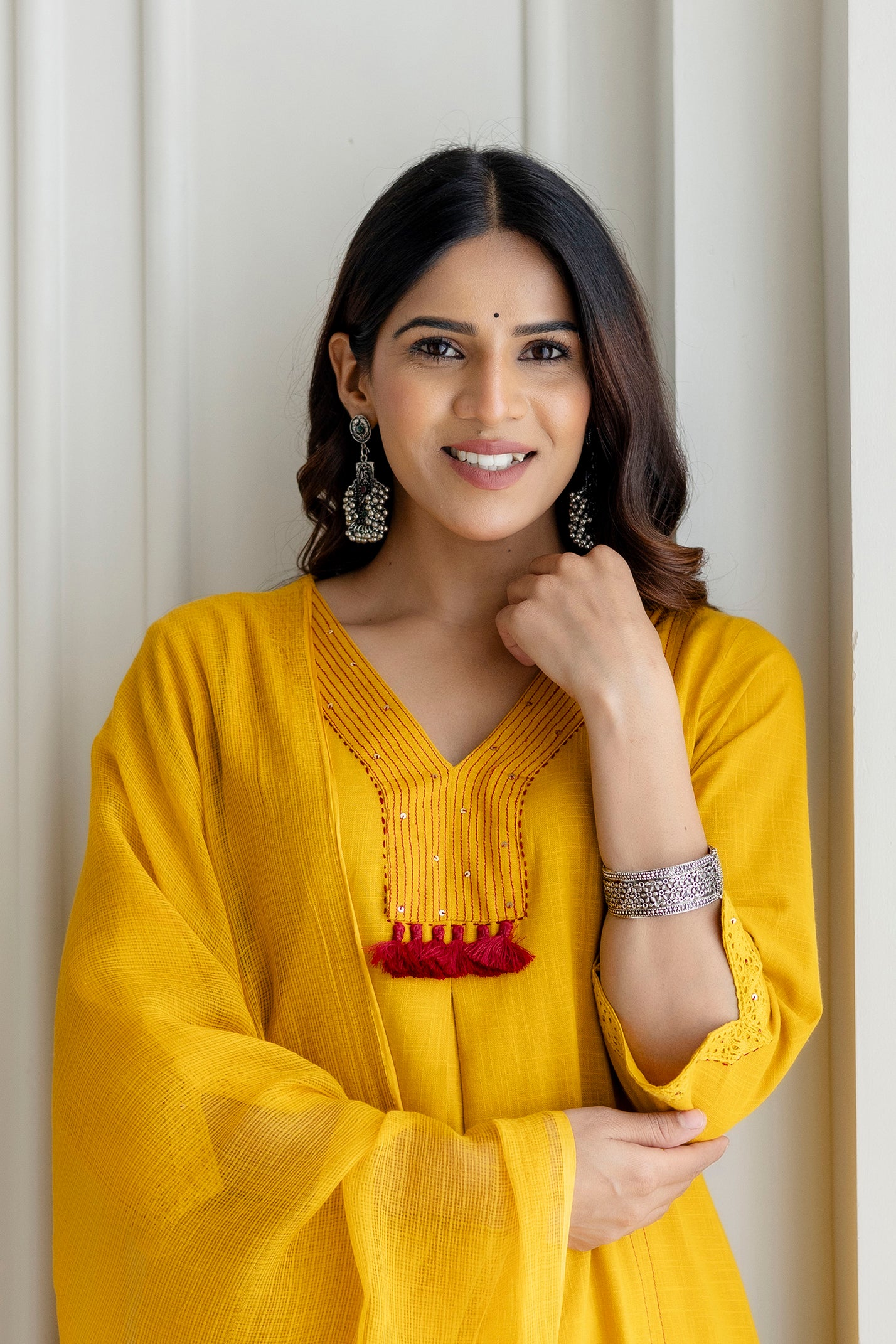 Mustard Cotton Slub Kurta Set with Red Ombre Dupatta