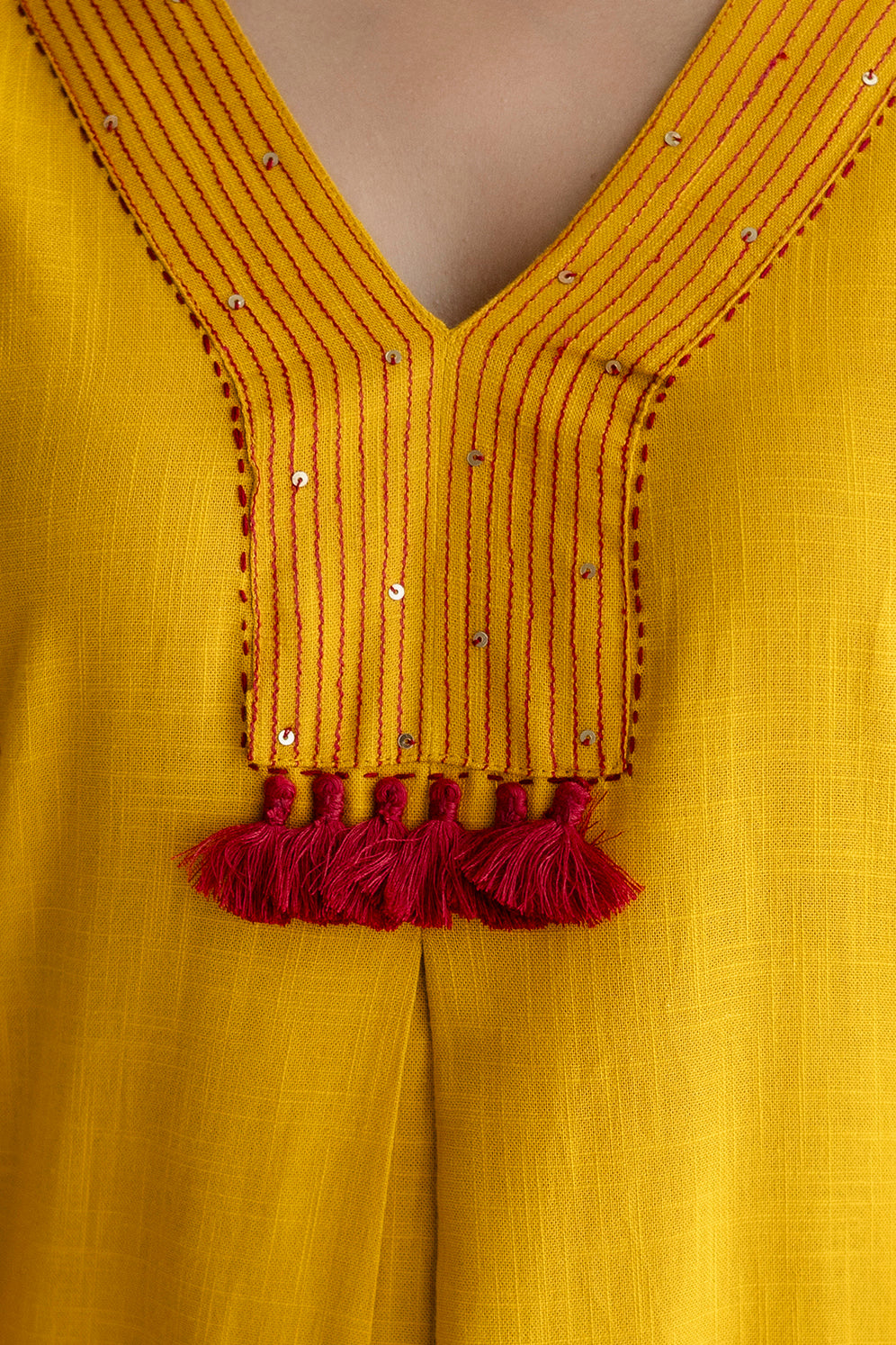 Mustard Cotton Slub Kurta Set with Red Ombre Dupatta
