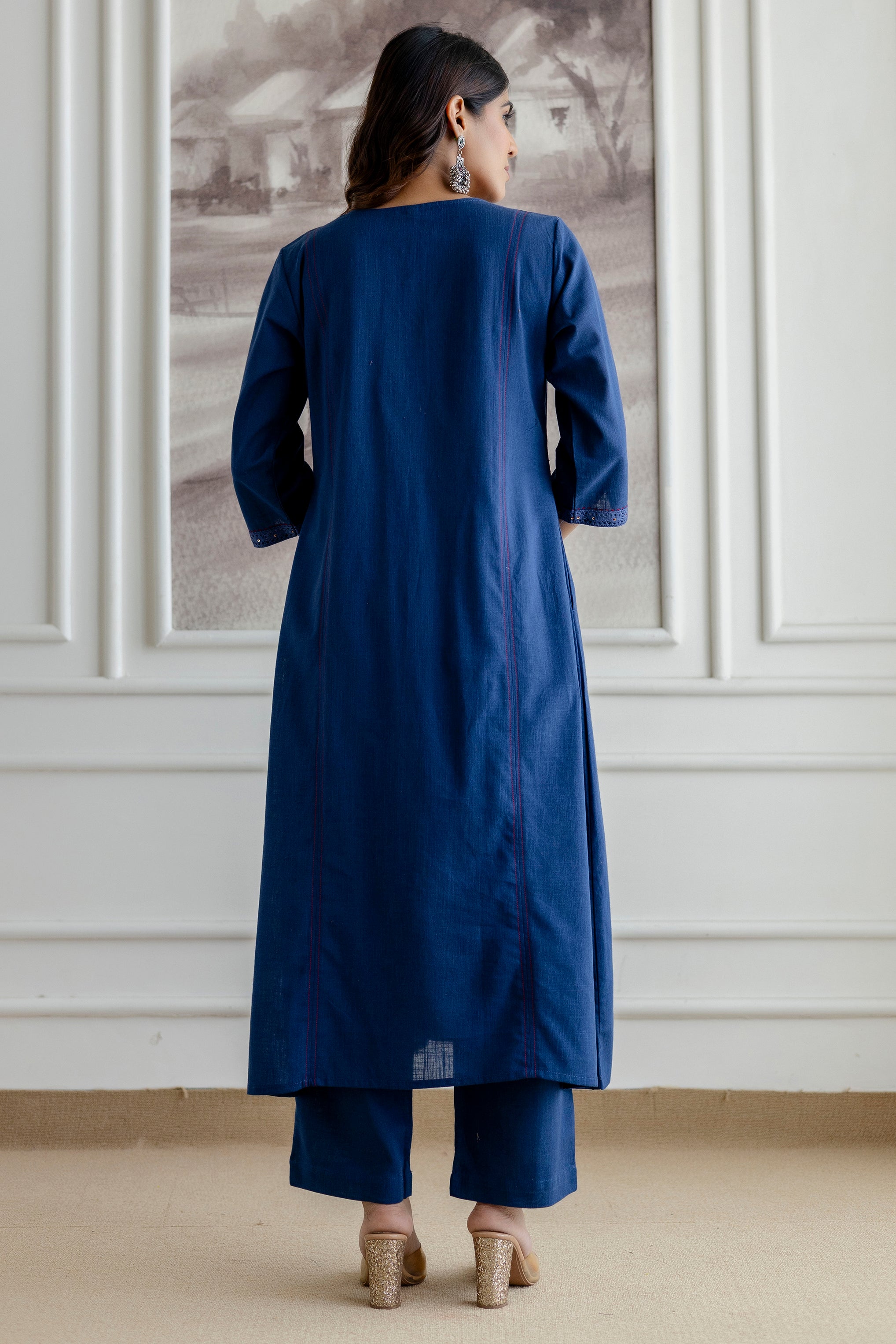 Indigo Blue Cotton Slub Kurta Set with Red Ombre Dupatta