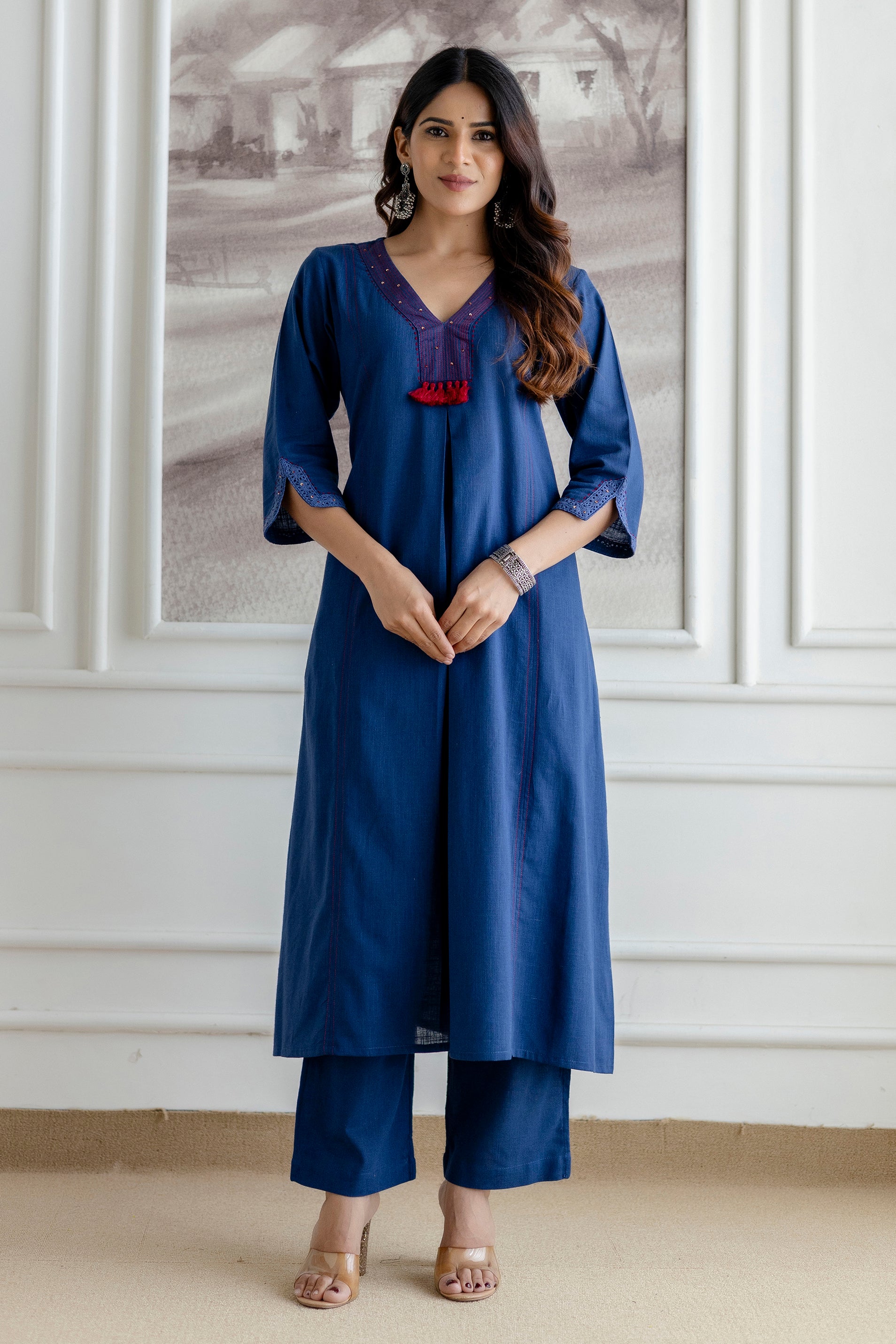 Indigo Blue Cotton Slub Kurta Set with Red Ombre Dupatta