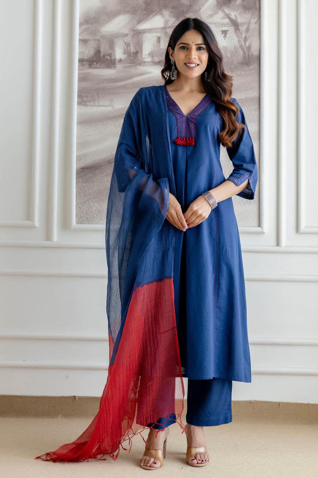 Indigo Blue Cotton Slub Kurta Set with Red Ombre Dupatta