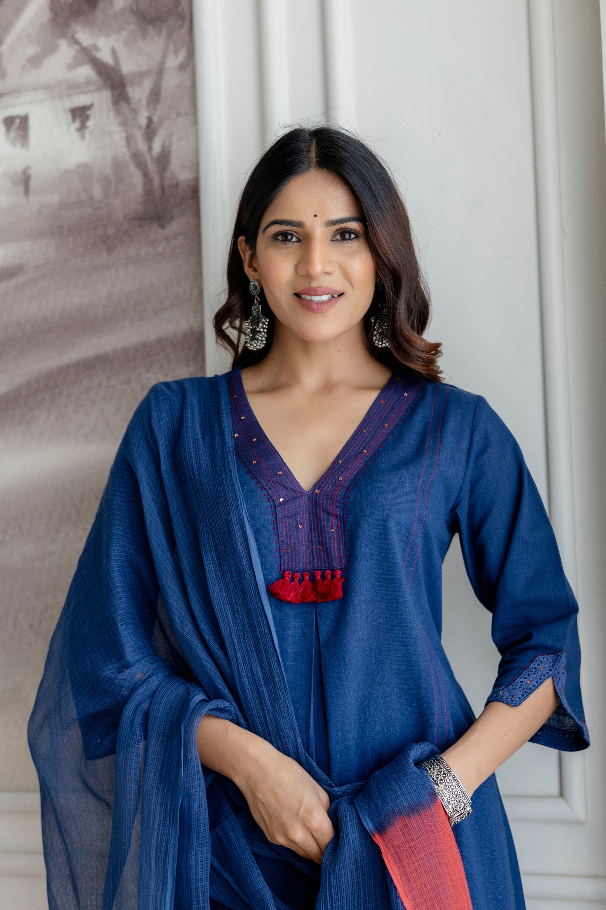 Indigo Blue Cotton Slub Kurta Set with Red Ombre Dupatta