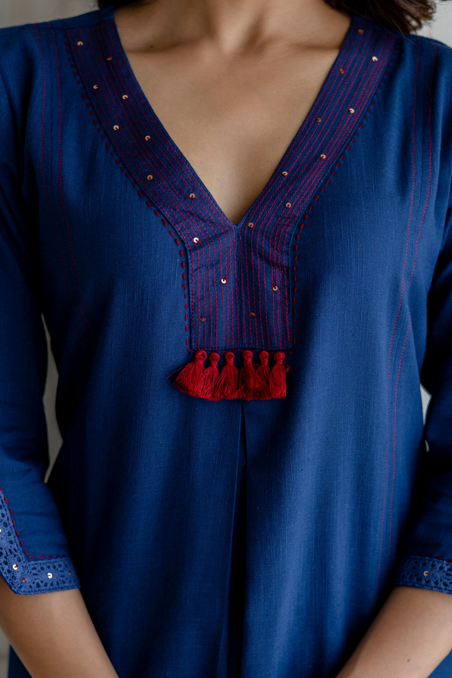 Indigo Blue Cotton Slub Kurta Set with Red Ombre Dupatta