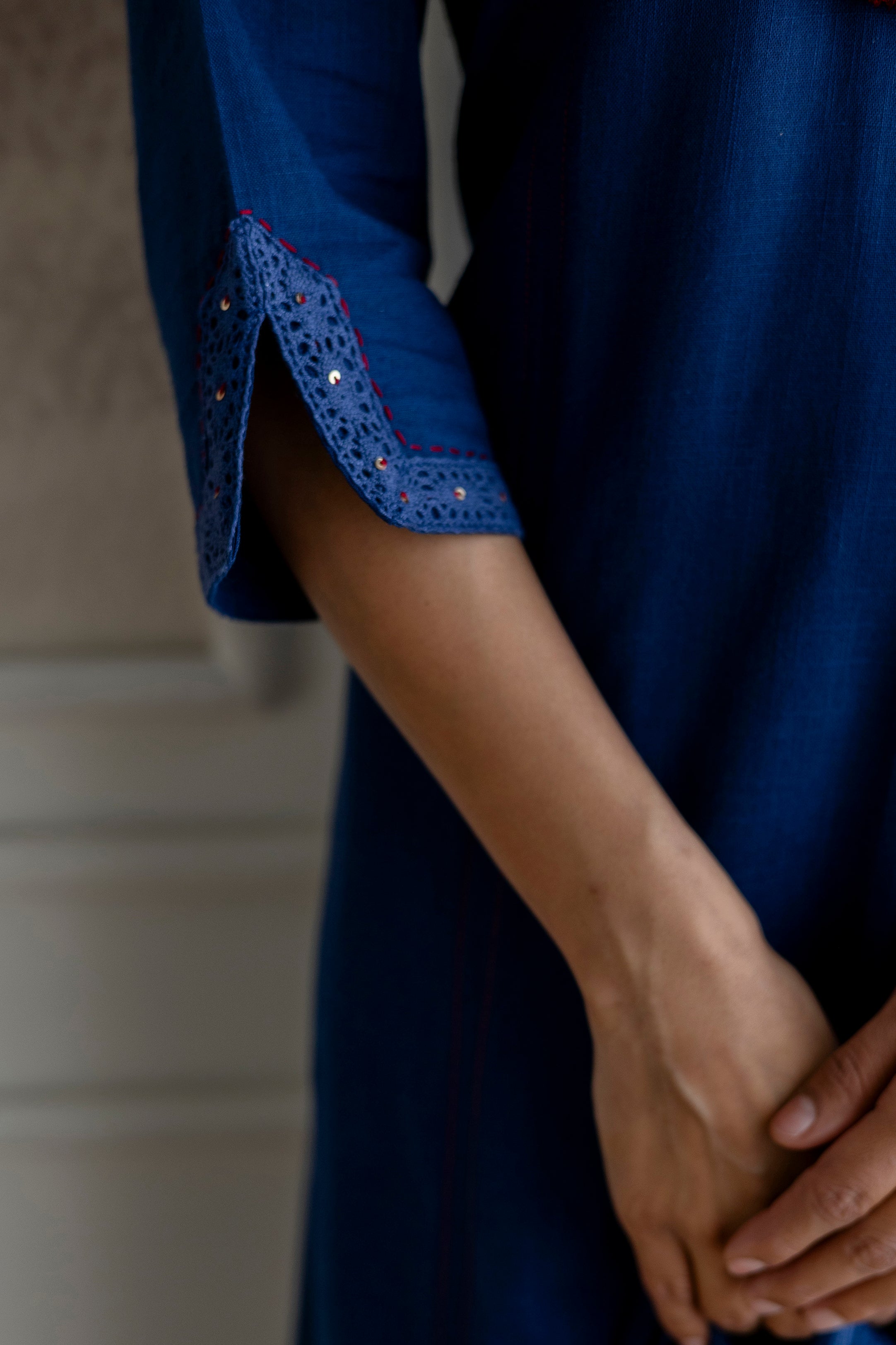Indigo Blue Cotton Slub Kurta Set with Red Ombre Dupatta