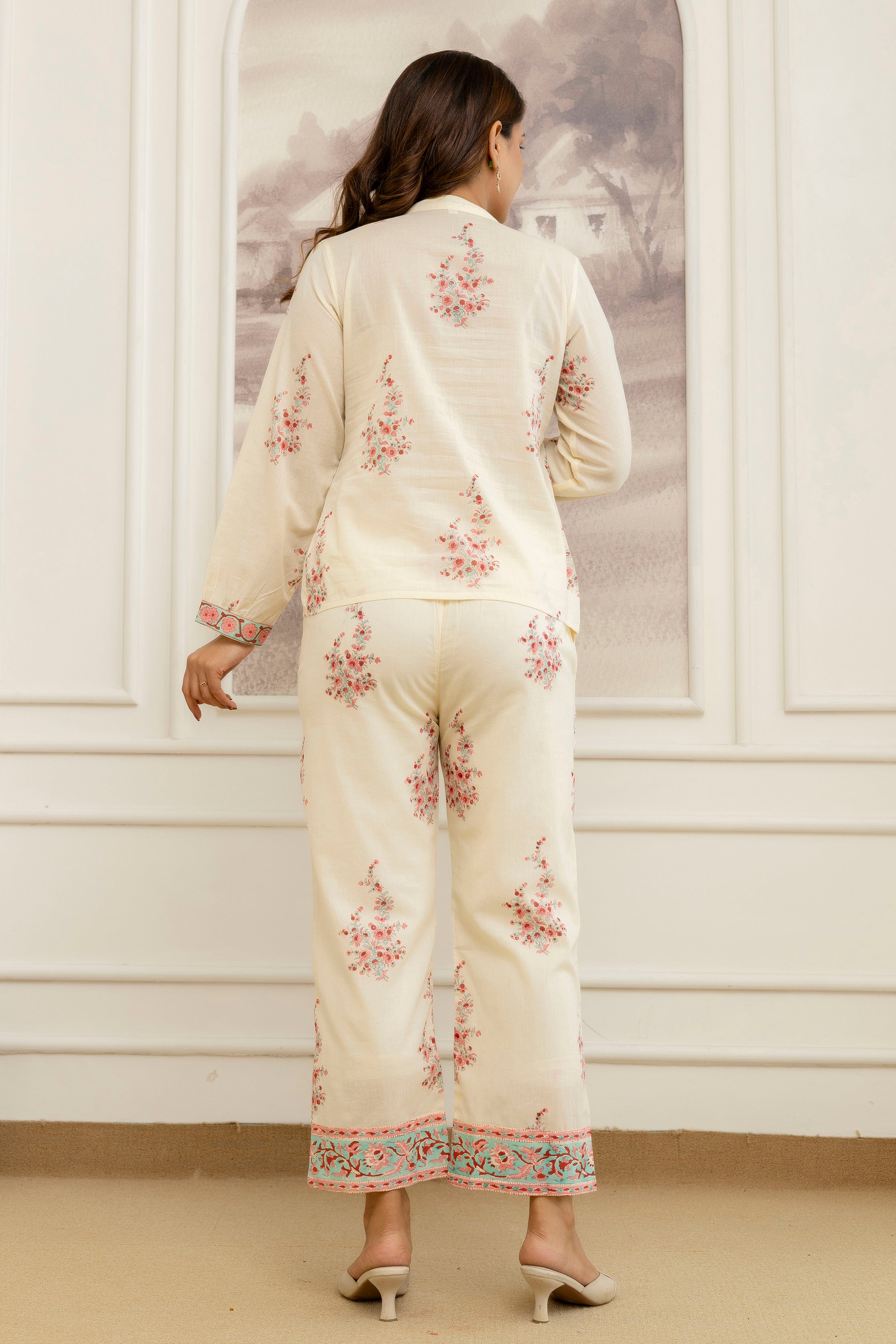 Ivory & Peach Hand Block Printed Cotton Co-ord Set