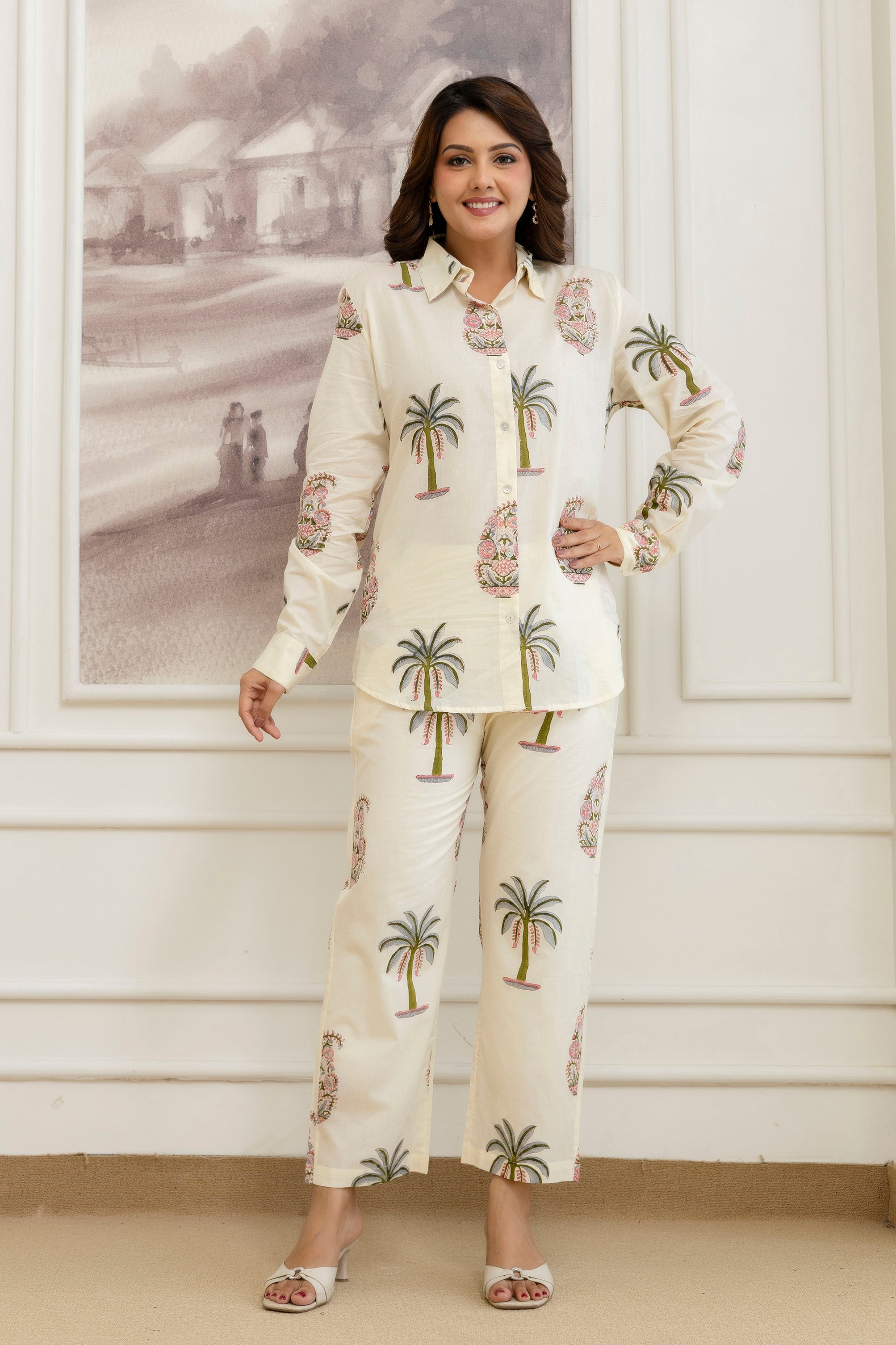 Ivory Palm & Floral Hand Block Printed Cotton Co-ord Set