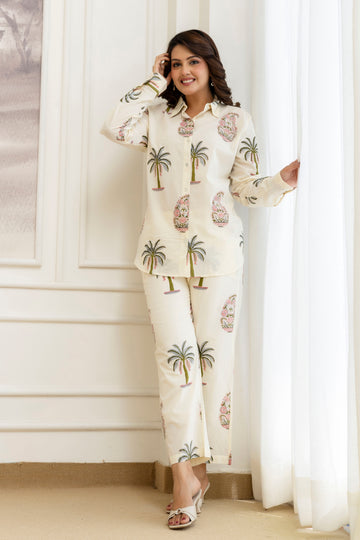 Ivory Palm & Floral Hand Block Printed Cotton Co-ord Set