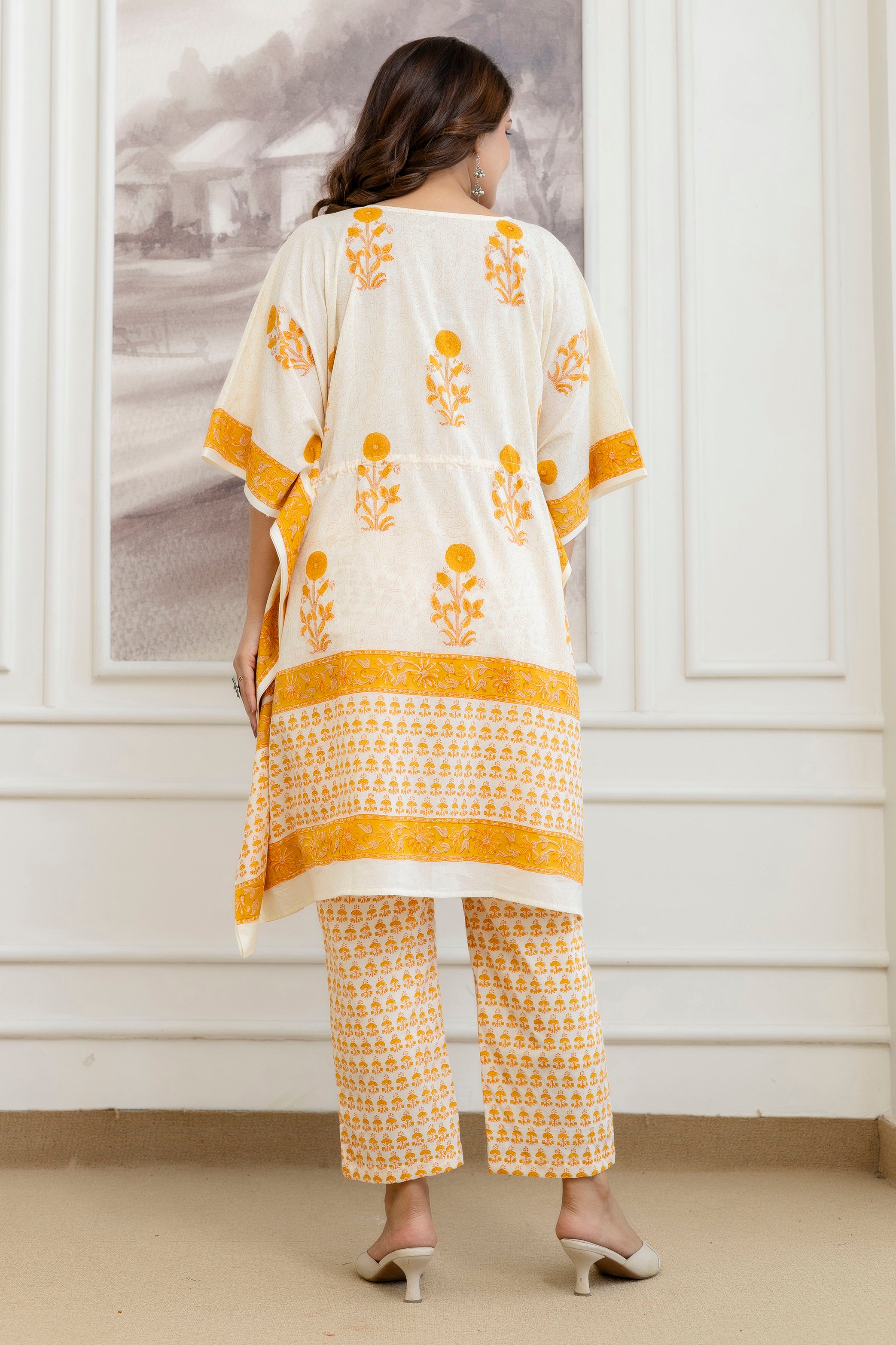 Sunshine Bloom Hand Block Printed Short Kaftan & Pant Set