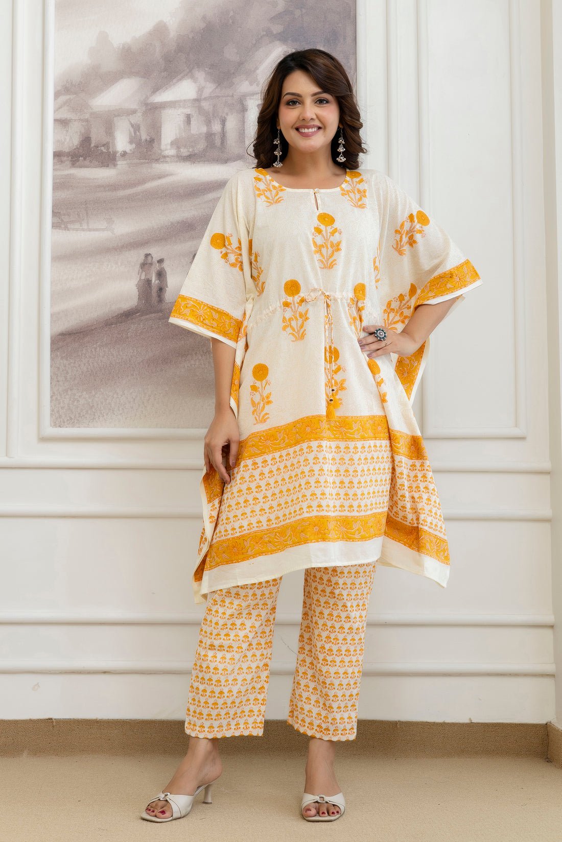 Sunshine Bloom Hand Block Printed Short Kaftan & Pant Set