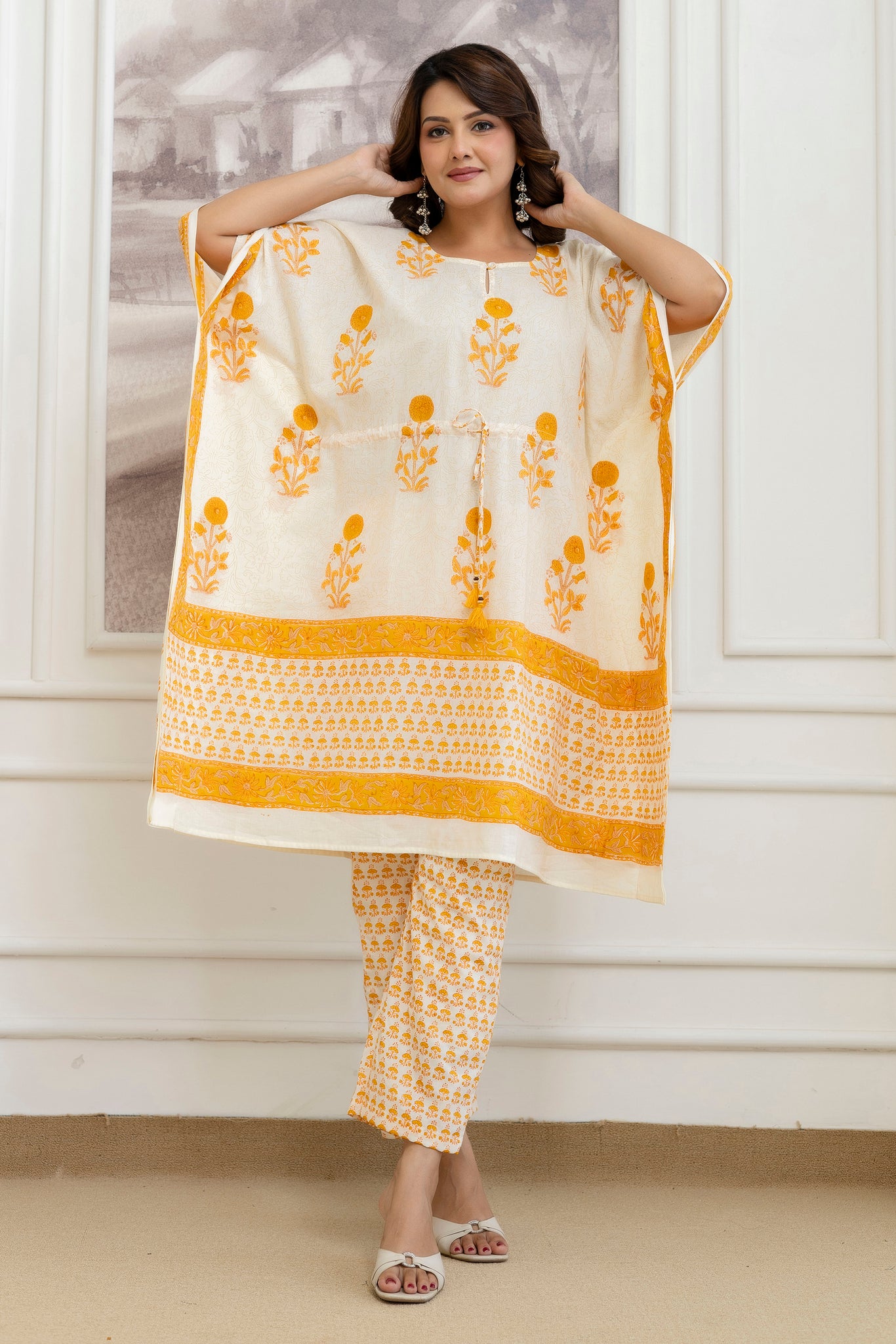 Sunshine Bloom Hand Block Printed Short Kaftan & Pant Set
