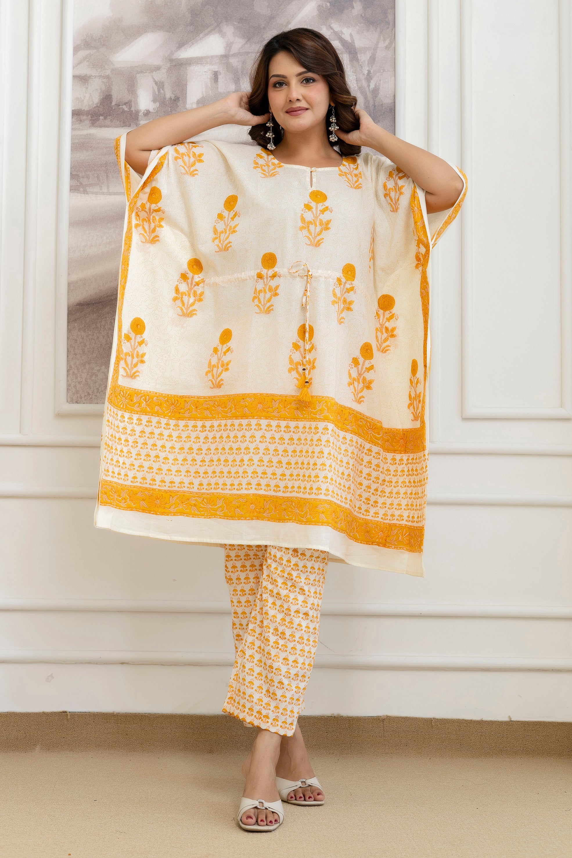 Sunshine Bloom Hand Block Printed Short Kaftan & Pant Set