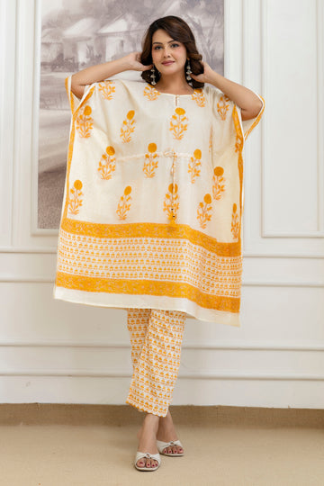 Sunshine Bloom Hand Block Printed Short Kaftan & Pant Set