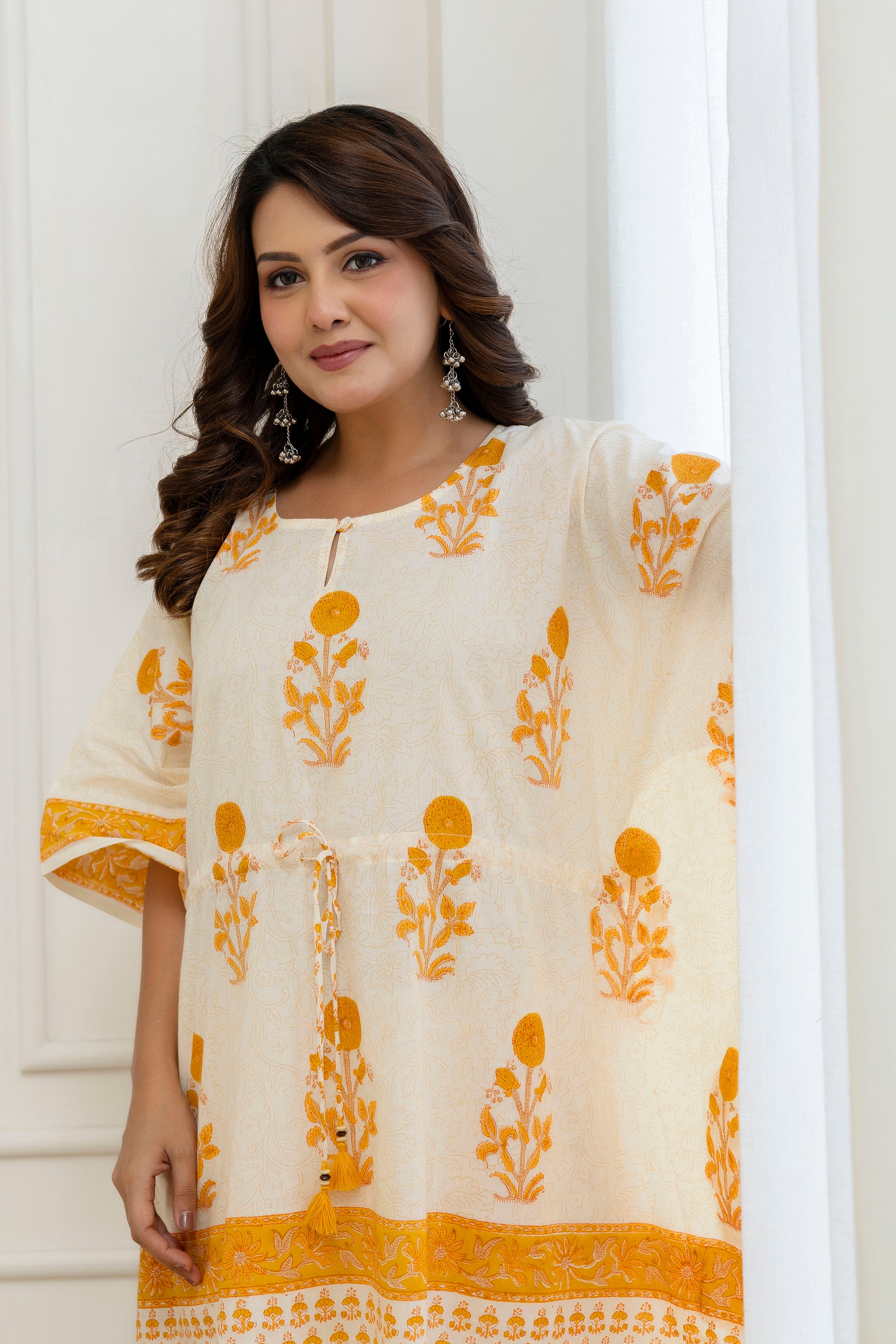 Sunshine Bloom Hand Block Printed Short Kaftan & Pant Set