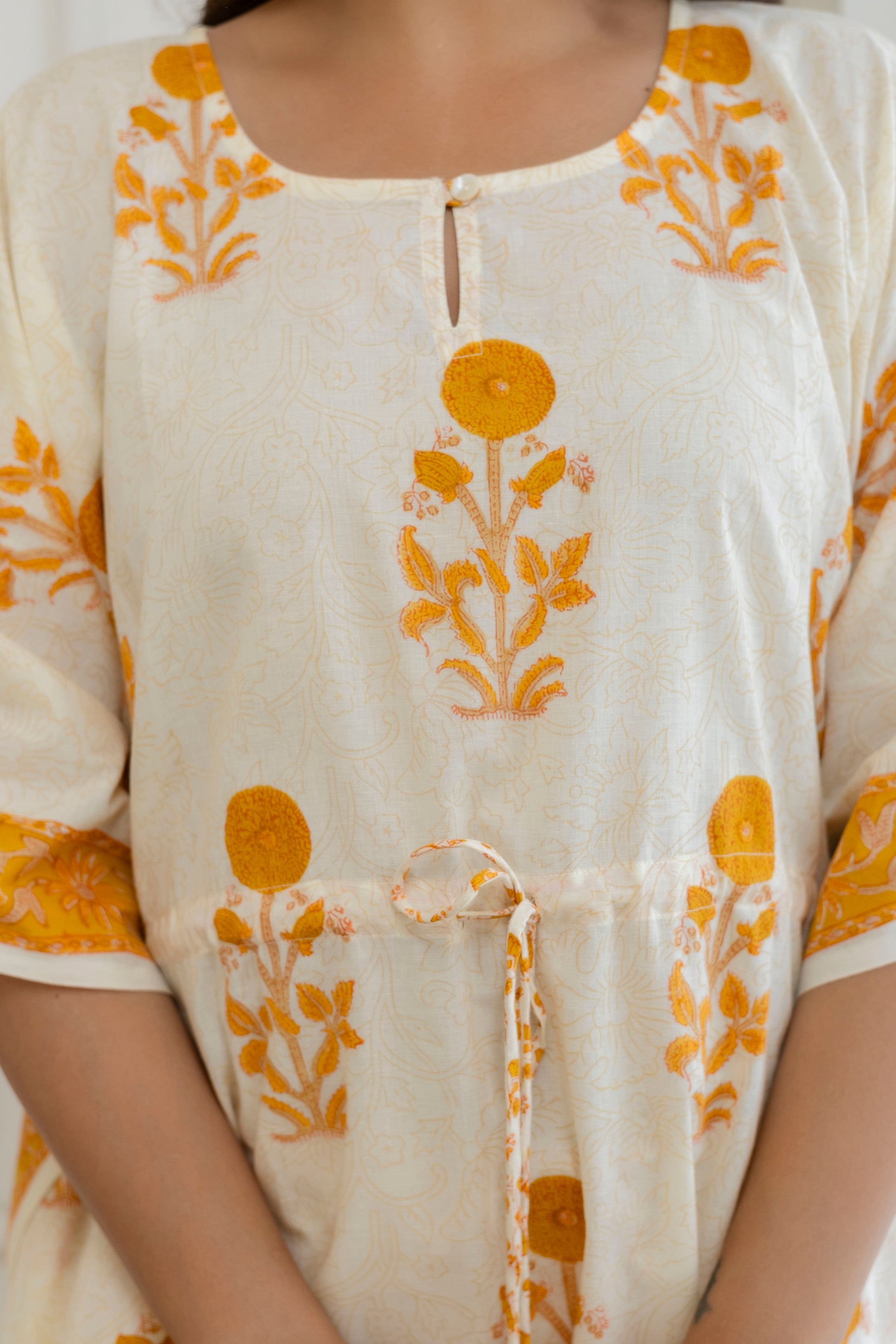 Sunshine Bloom Hand Block Printed Short Kaftan & Pant Set
