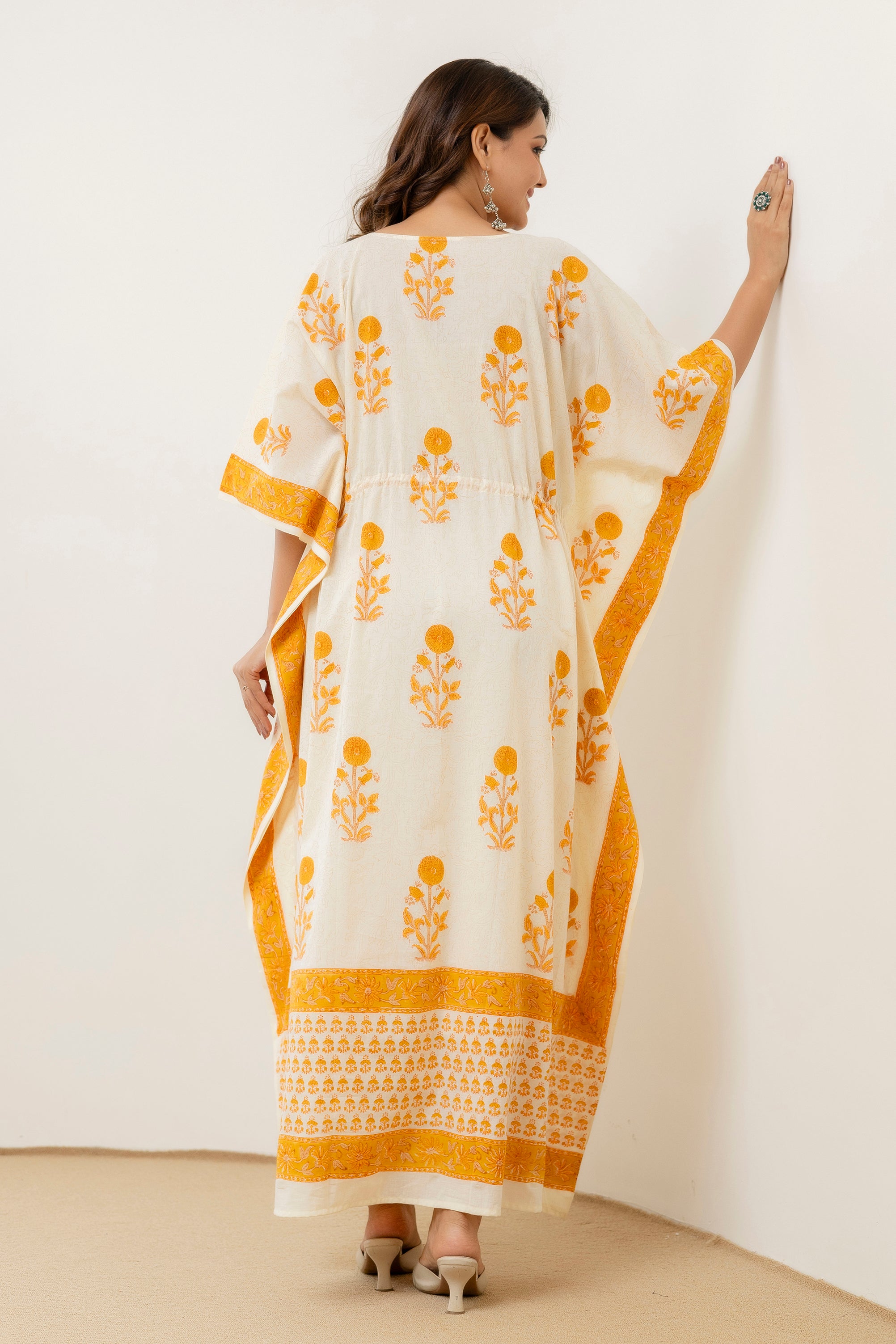 Block Print Cotton Kaftan with Adjustable Drawstring Waist