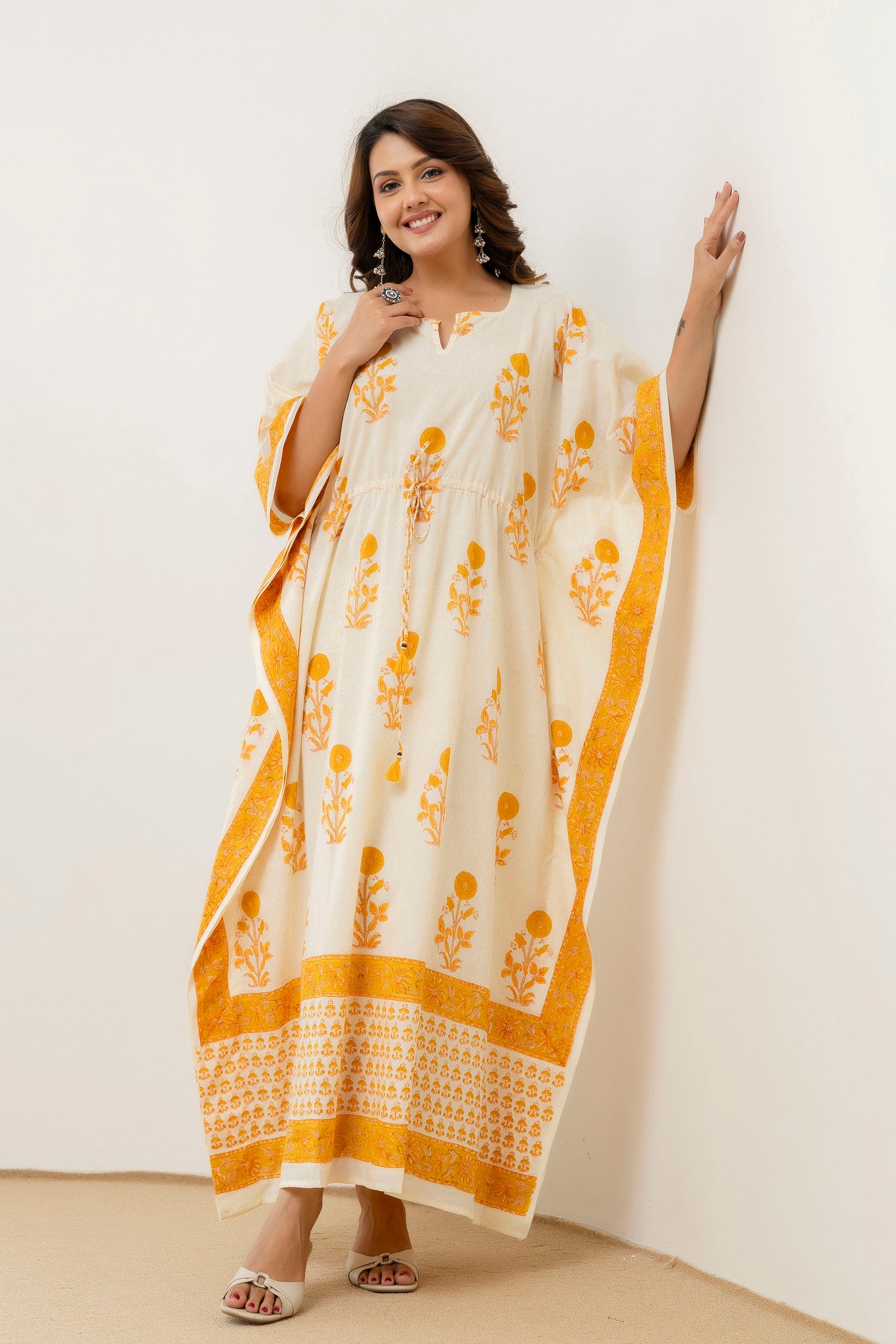 Block Print Cotton Kaftan with Adjustable Drawstring Waist