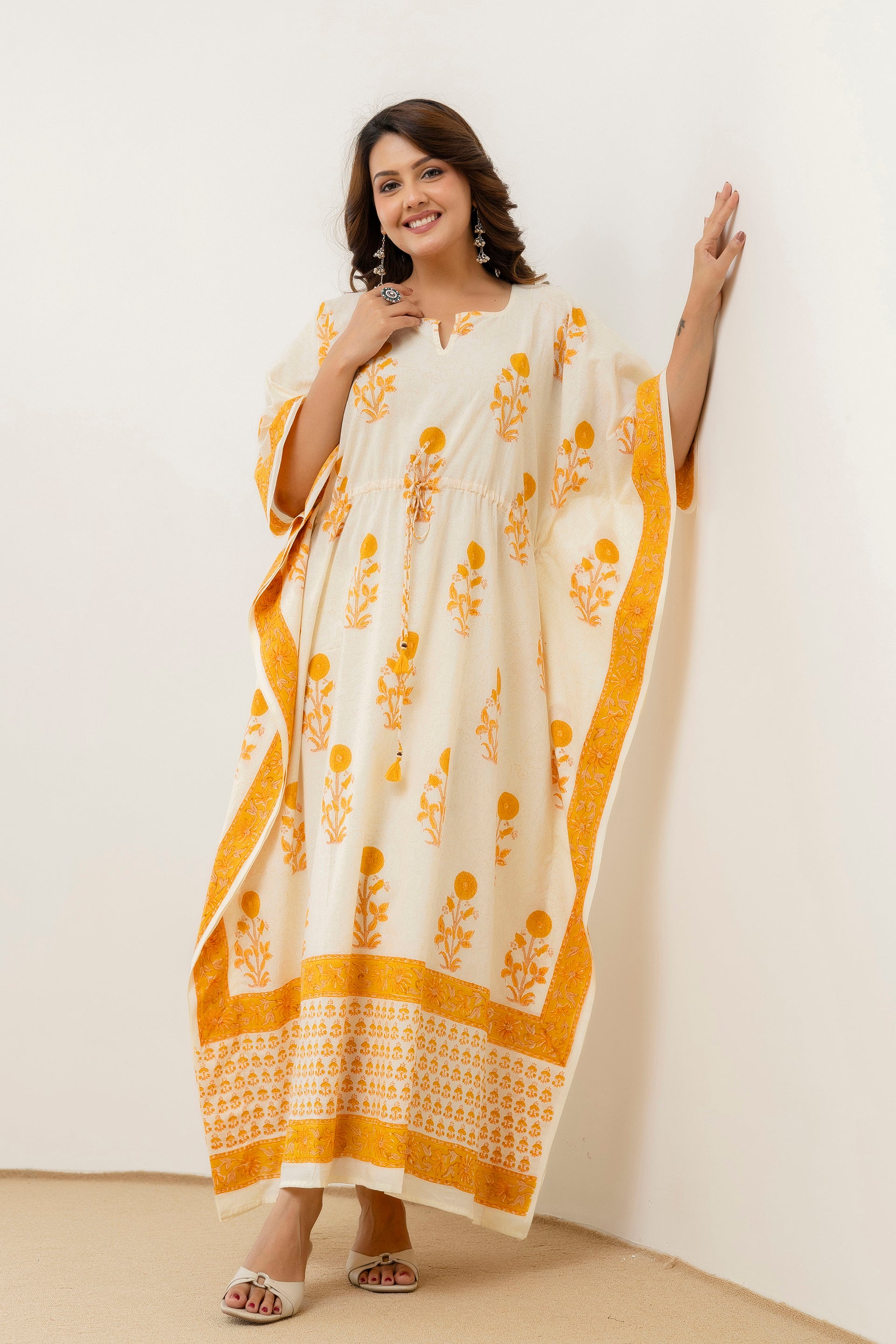 Block Print Cotton Kaftan with Adjustable Drawstring Waist