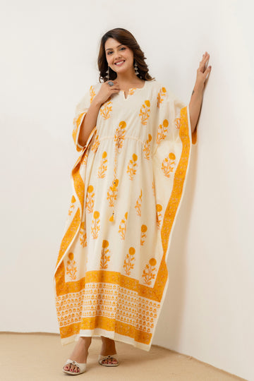 Block Print Cotton Kaftan with Adjustable Drawstring Waist
