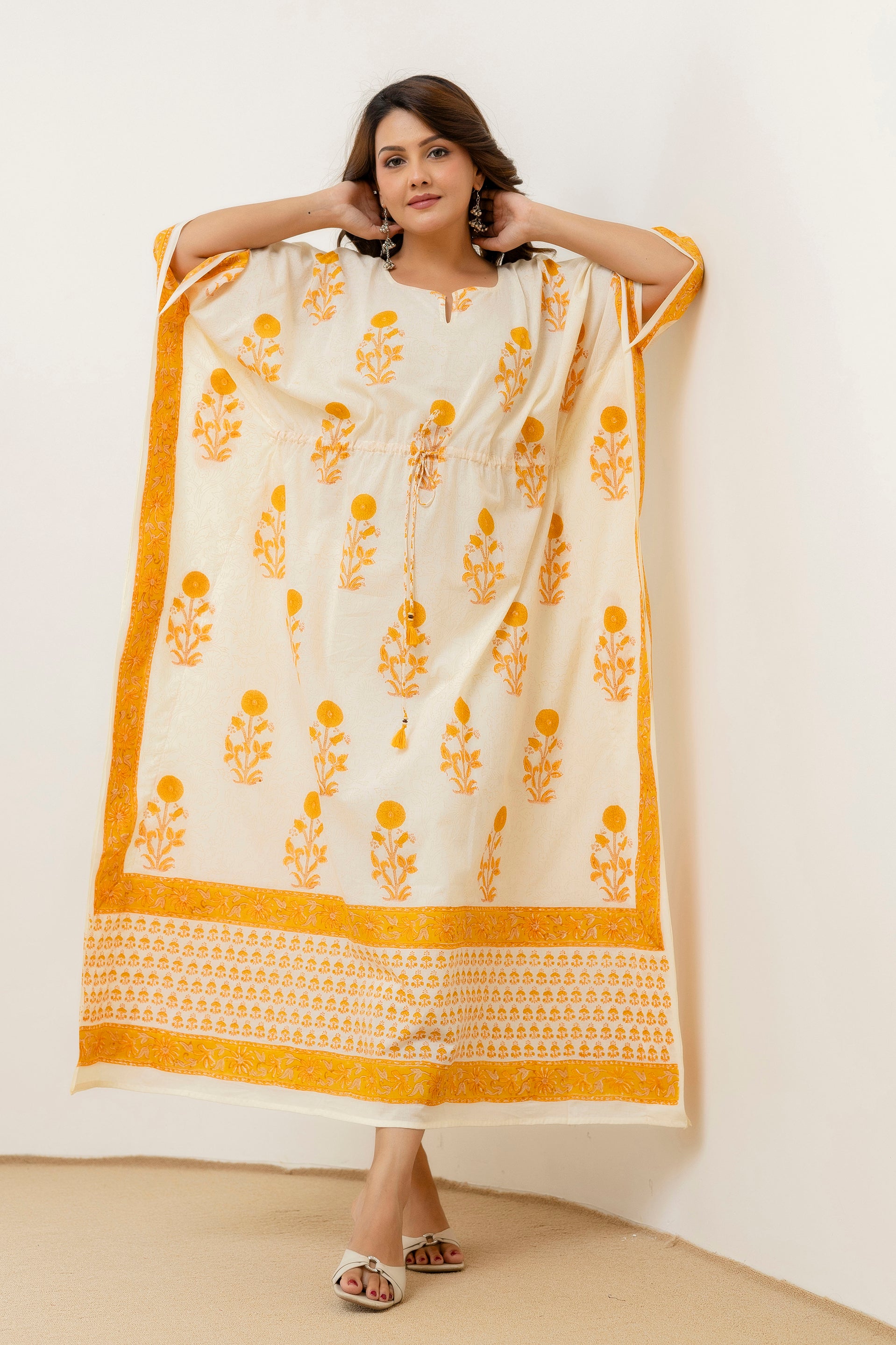 Block Print Cotton Kaftan with Adjustable Drawstring Waist