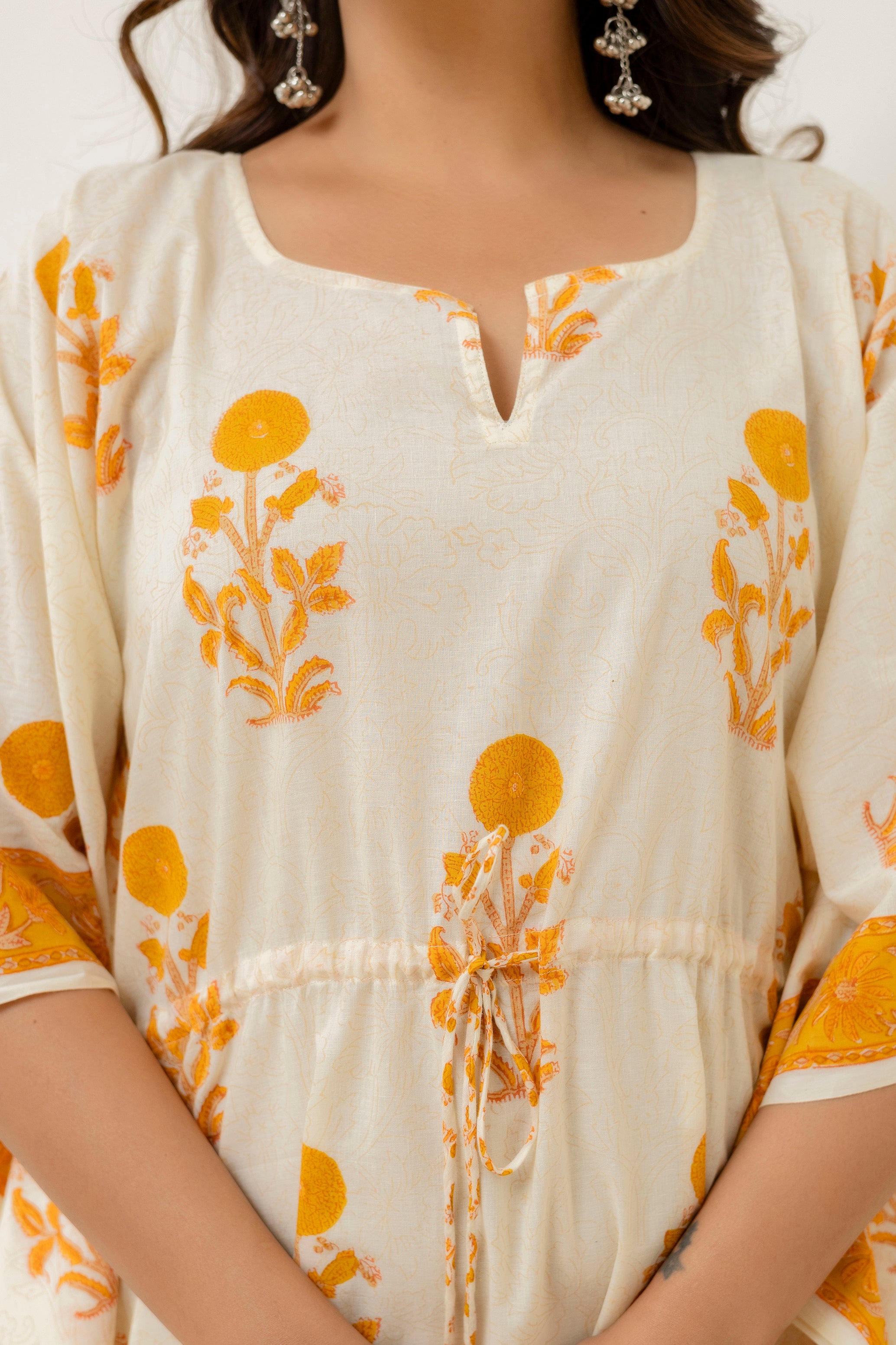 Block Print Cotton Kaftan with Adjustable Drawstring Waist