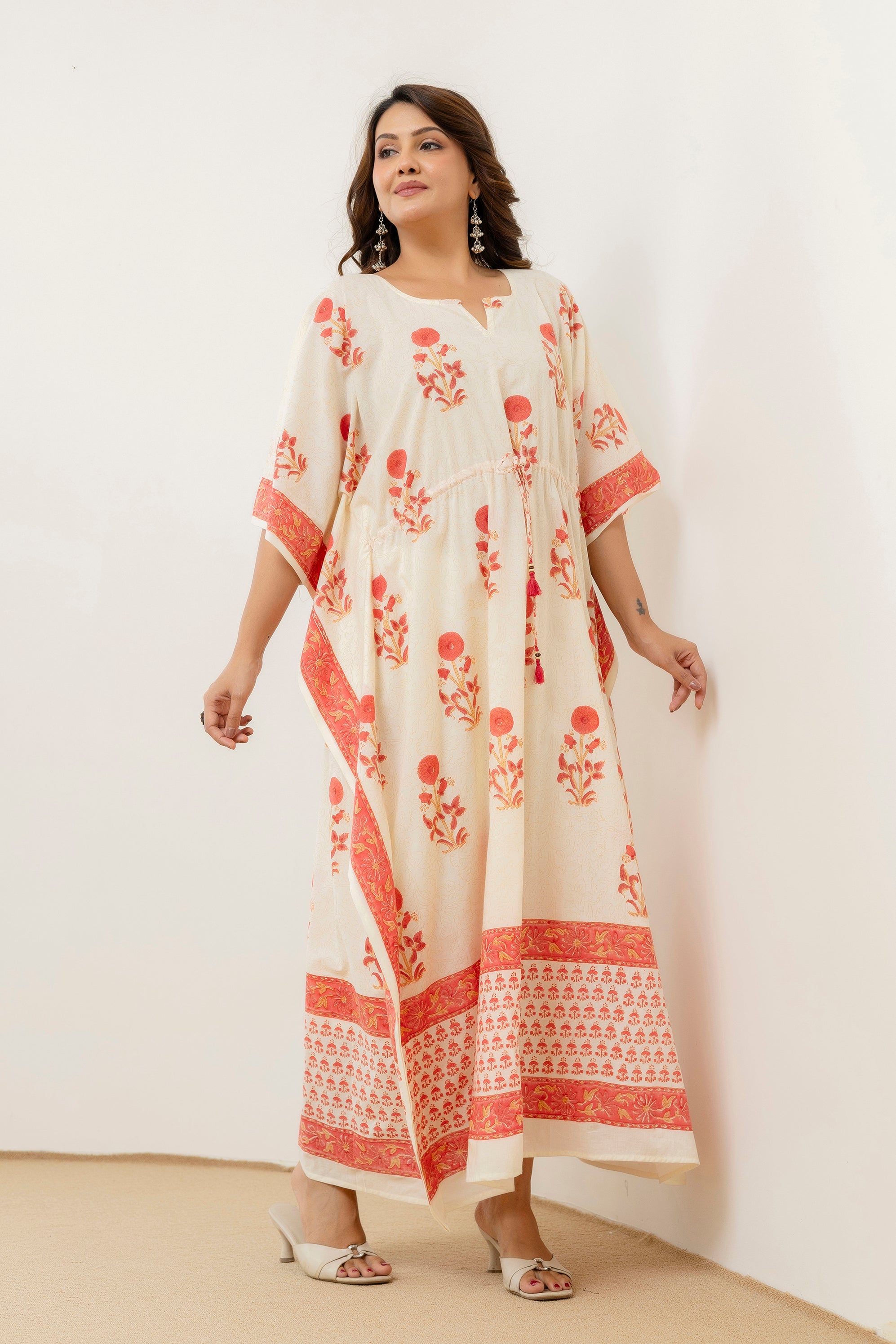 Block Print Cotton Kaftan with Adjustable Drawstring Waist