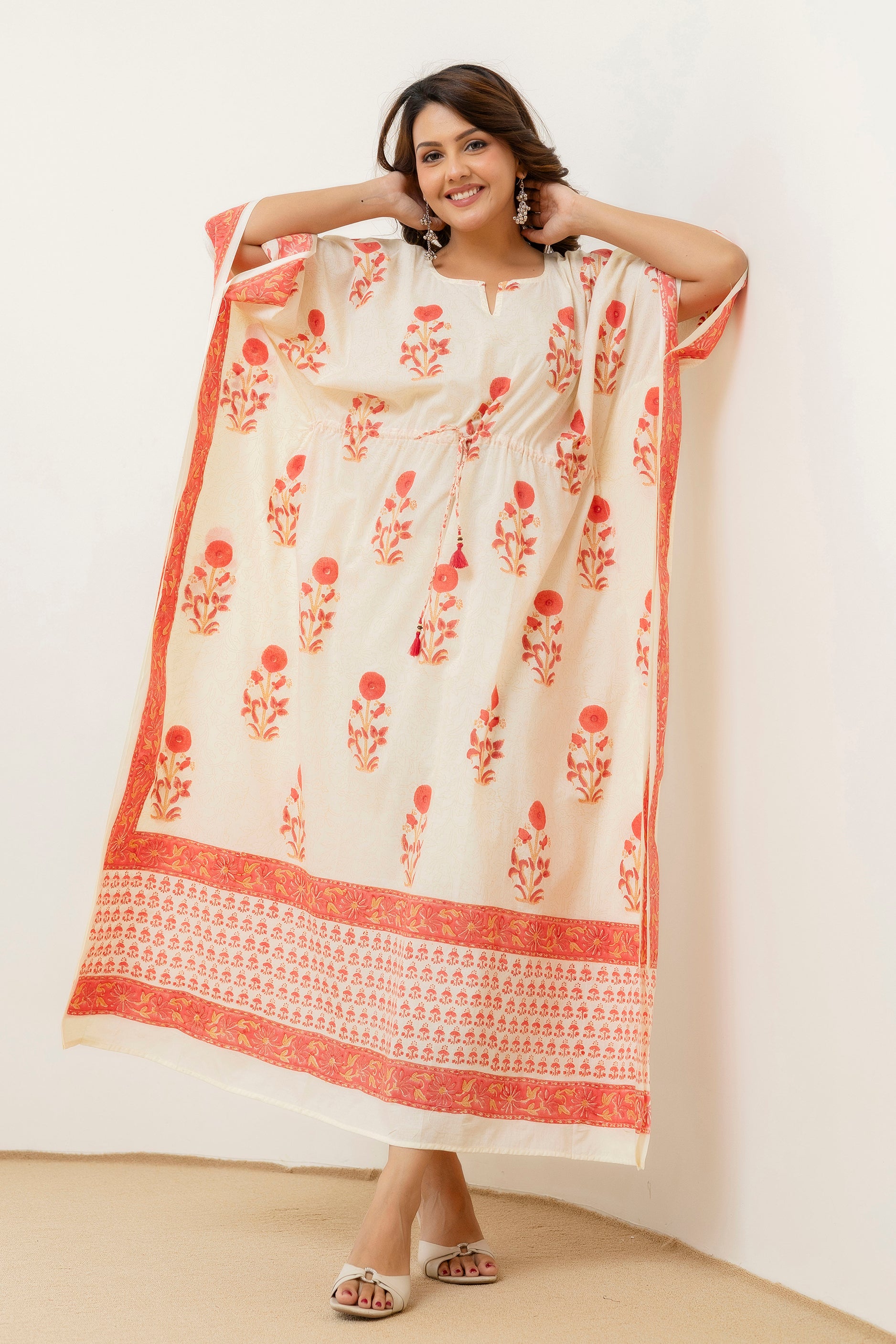 Block Print Cotton Kaftan with Adjustable Drawstring Waist