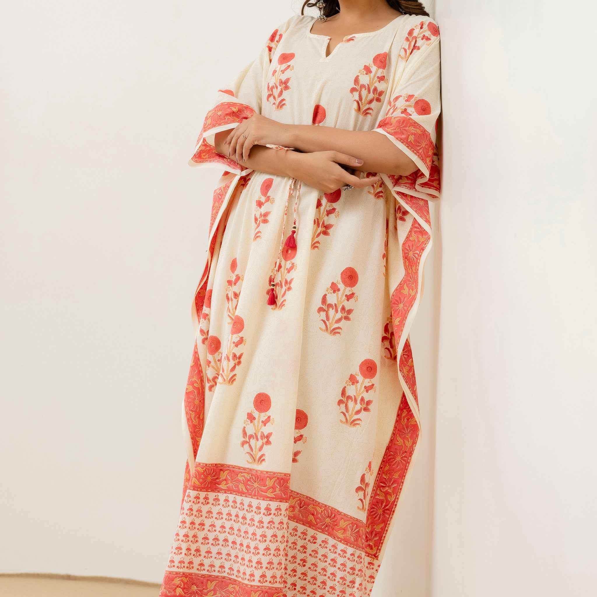 Block Print Cotton Kaftan with Adjustable Drawstring Waist