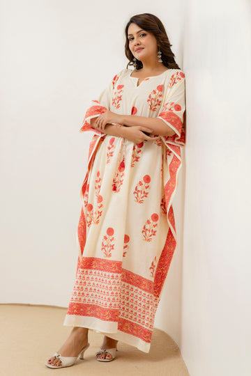 Block Print Cotton Kaftan with Adjustable Drawstring Waist
