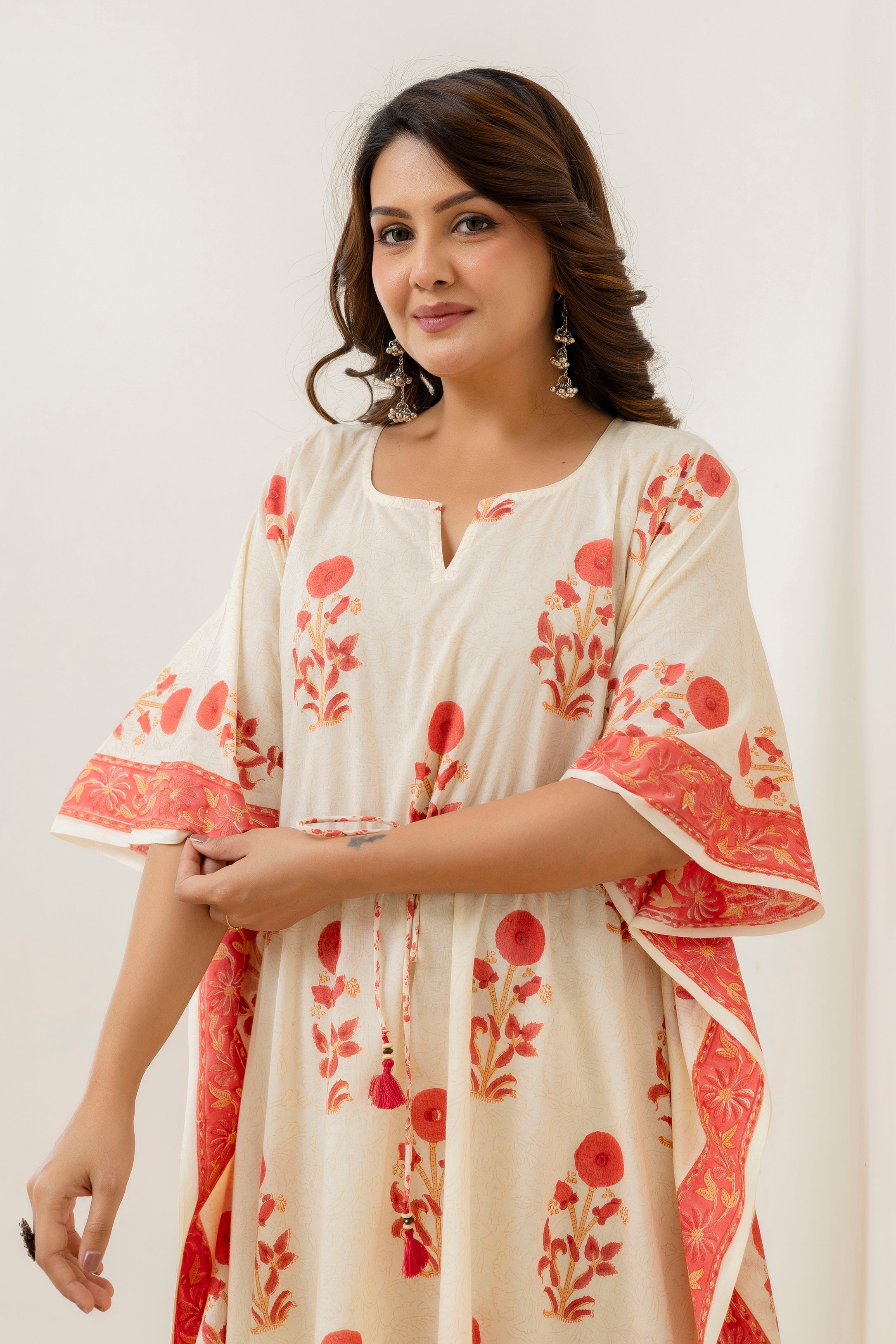 Block Print Cotton Kaftan with Adjustable Drawstring Waist