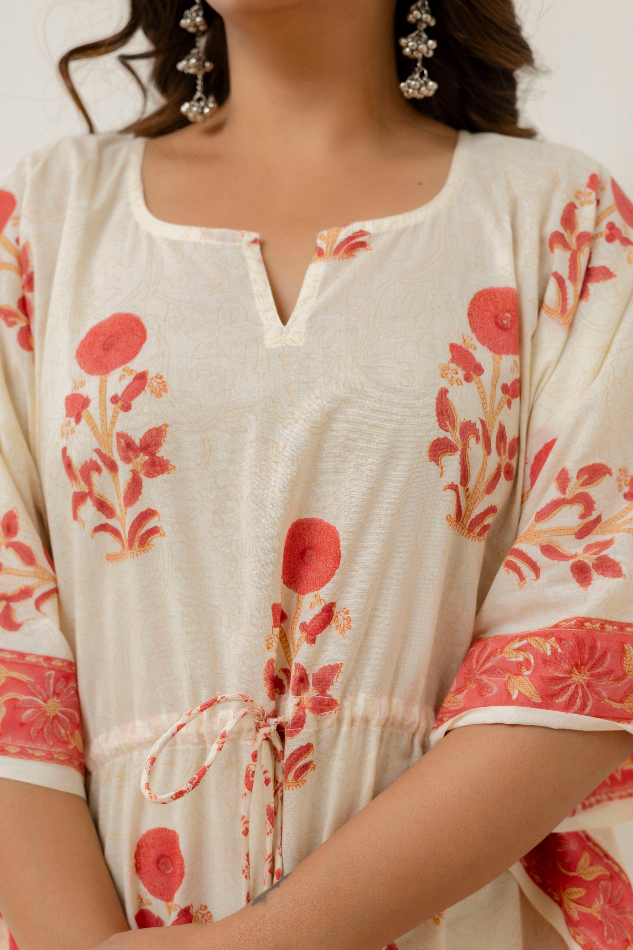 Block Print Cotton Kaftan with Adjustable Drawstring Waist