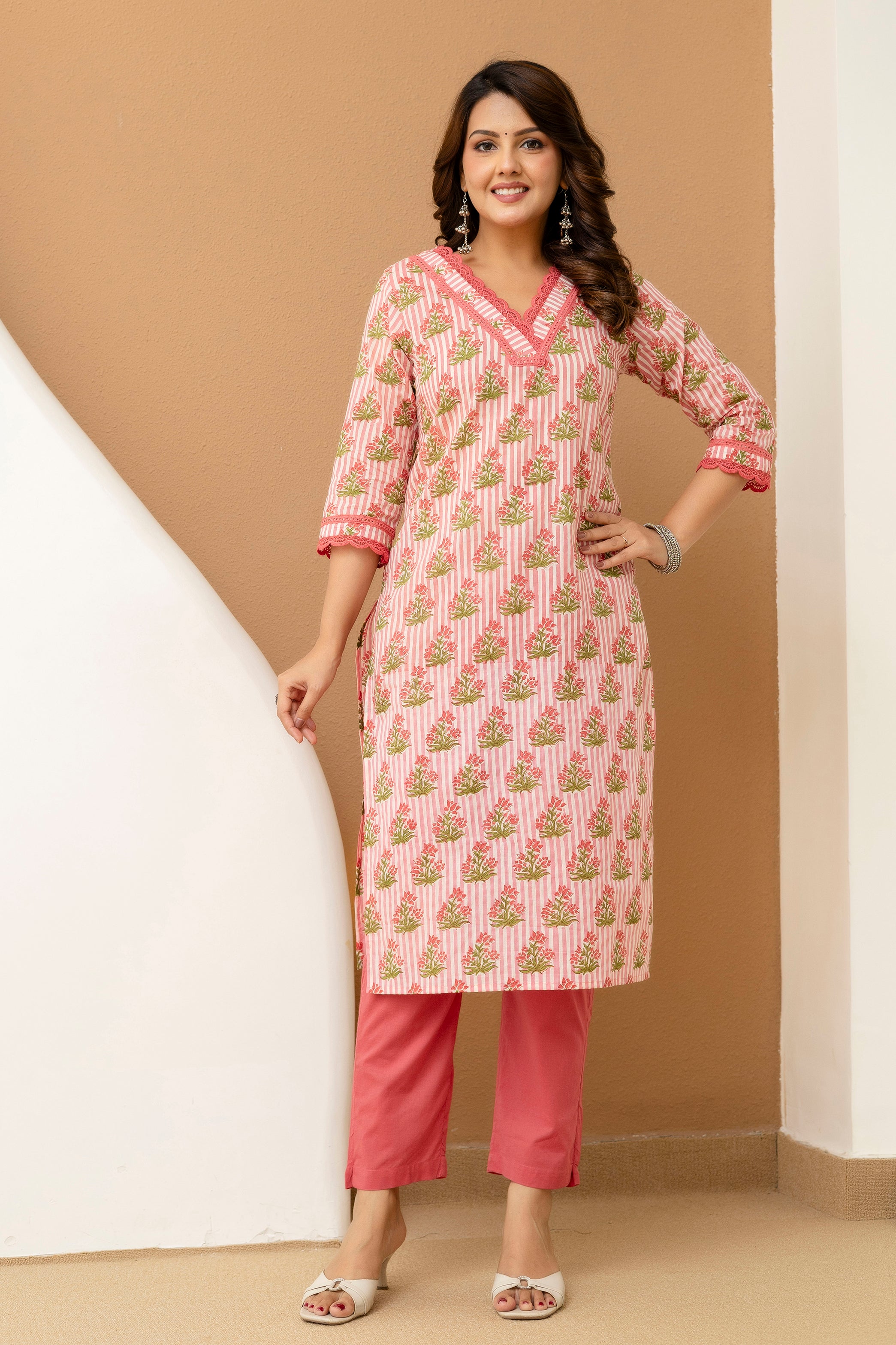 Blush Pink Hand Block Printed Cotton Cambric Kurta Set