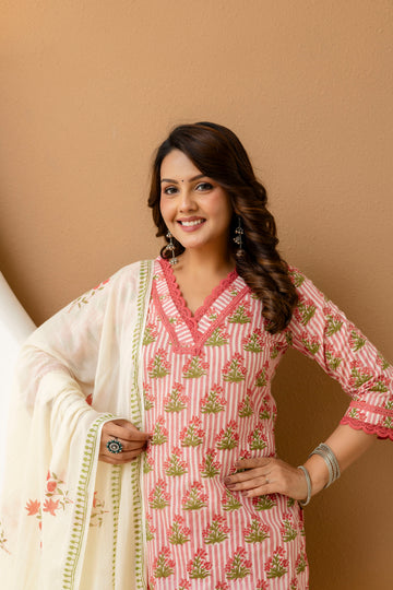 Blush Pink Hand Block Printed Cotton Cambric Kurta Set