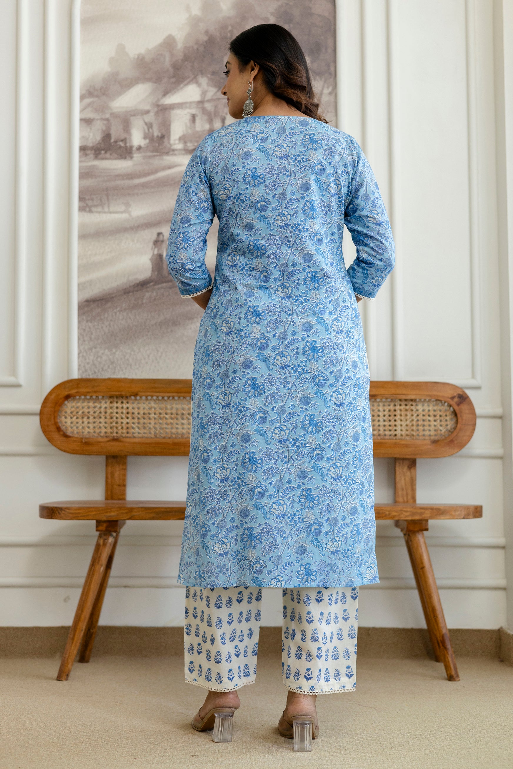 Sky Blue Floral Printed Cotton Kurta Set