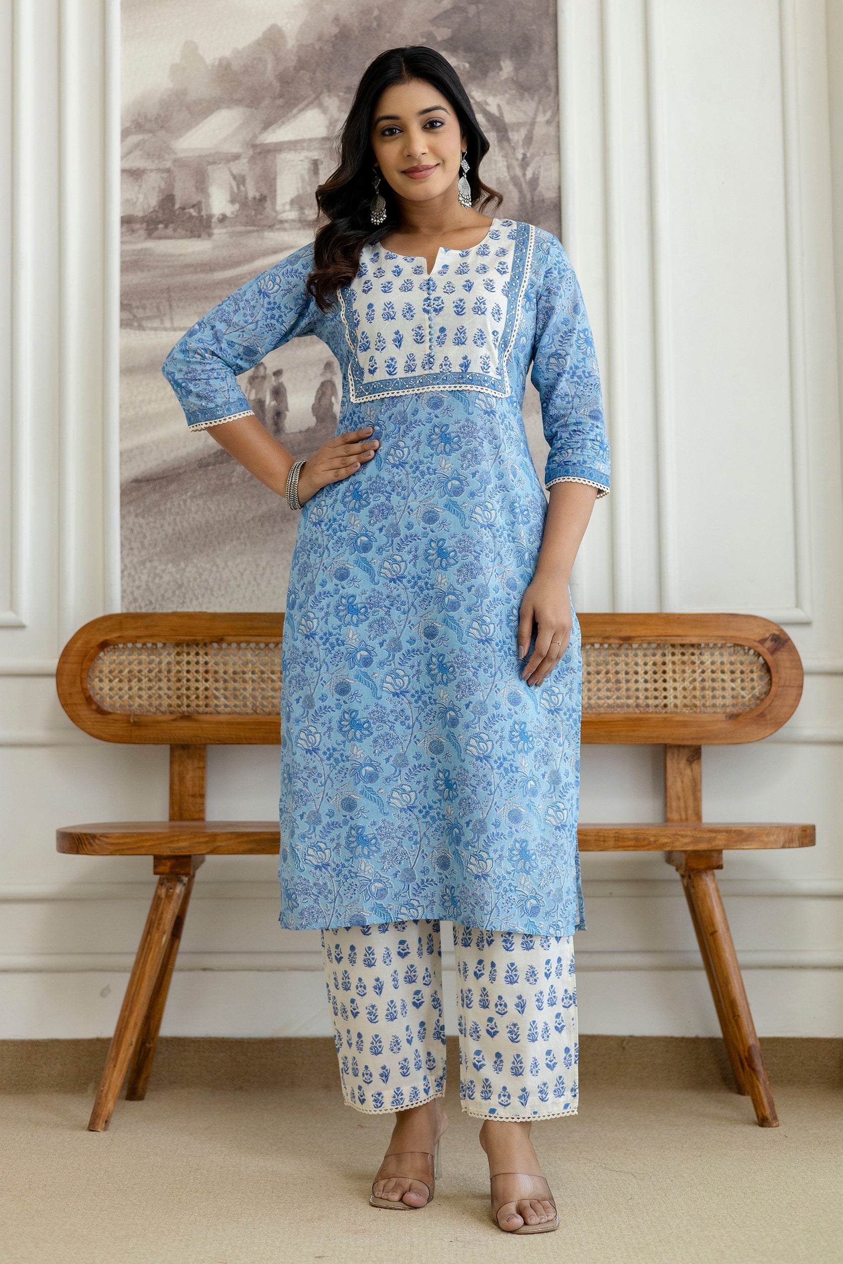 Sky Blue Floral Printed Cotton Kurta Set