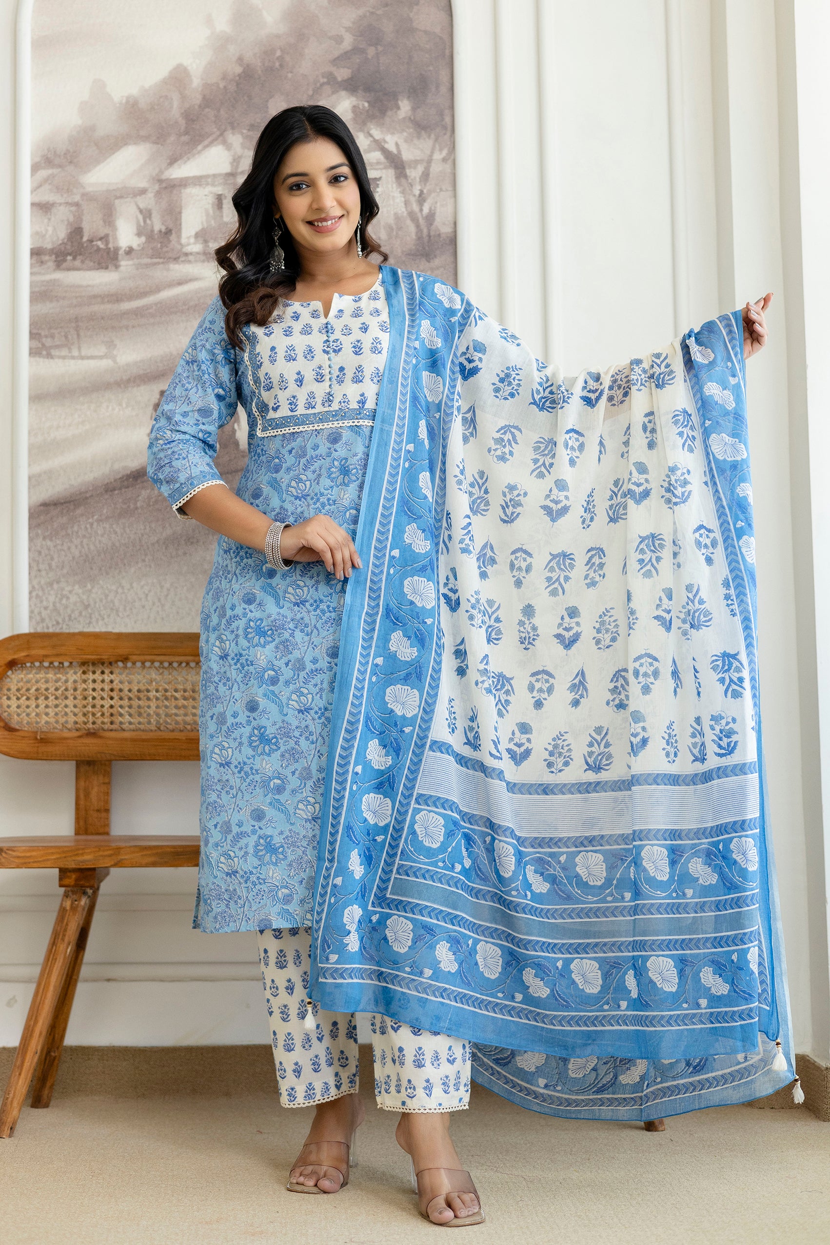 Sky Blue Floral Printed Cotton Kurta Set